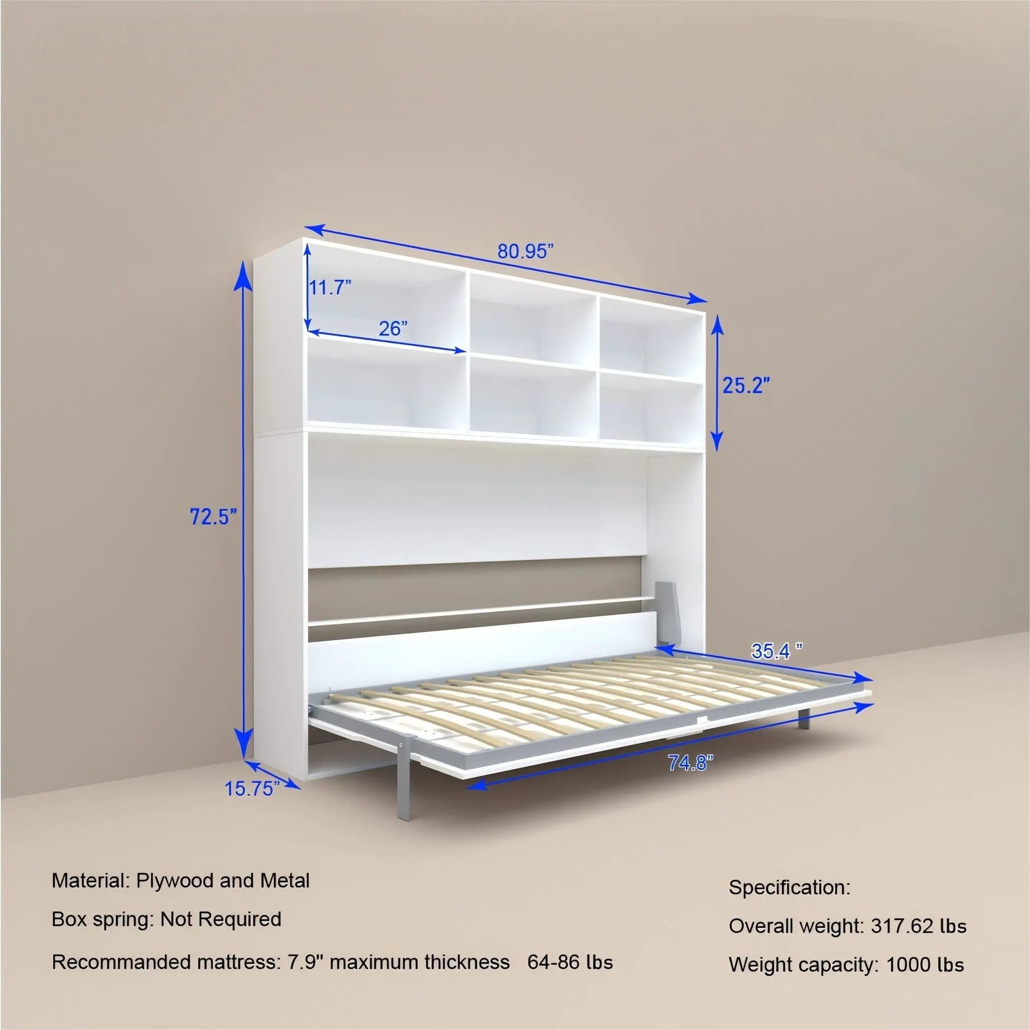 Mordern Design Twin Size Horizontal Murphy Bed With Shelf Storage For Bedroom Or Guestroom Wall Bed Space Saving Hidden Bed With New Style Gas Struts - White by HouseOfZazla