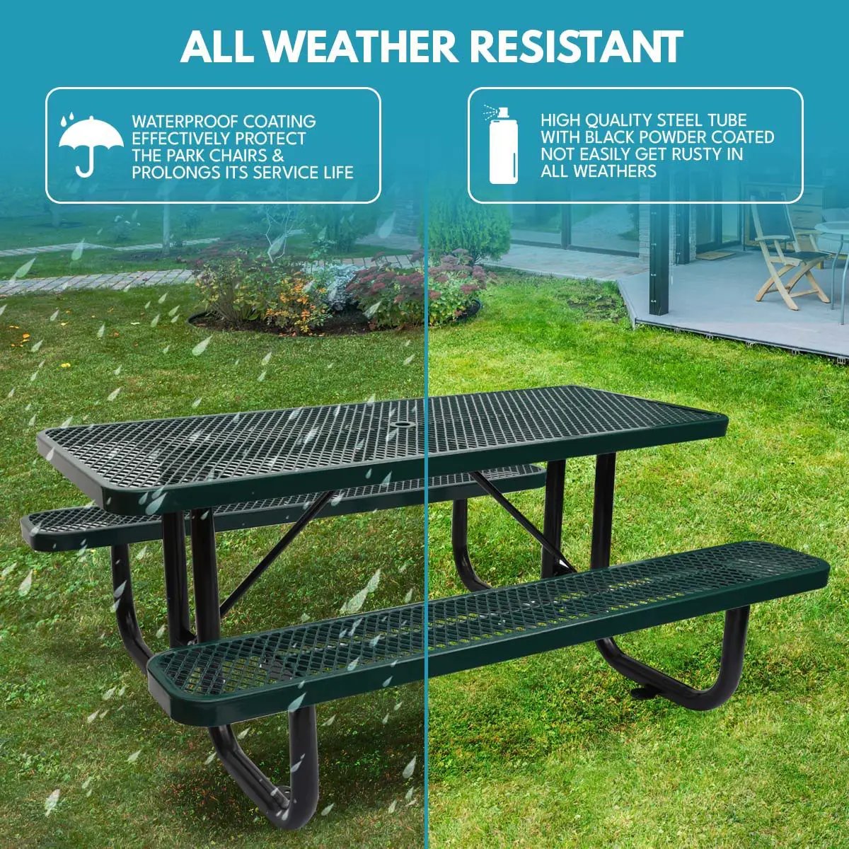 Outdoor Steel Picnic Rectangular Table With Umbrella Pole by Unique Piece Furniture
