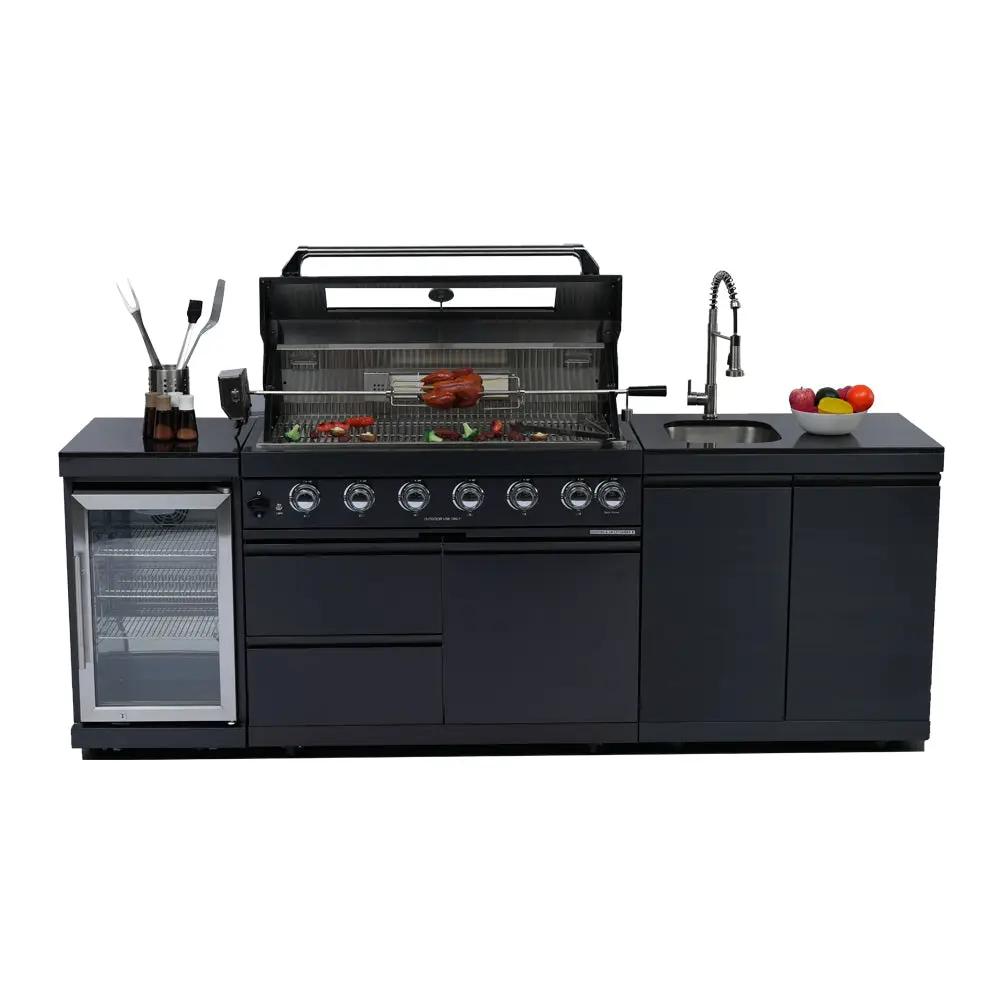 NG 95" 6-Burner 85000 BTU Black Outdoor Kitchen Island Grill Rotisserie kit Granite Countertops by Chery Industrial