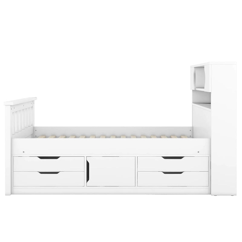 Captain Platform Bed Frame With Storage Bookcases, Shelves, And 4 Drawers