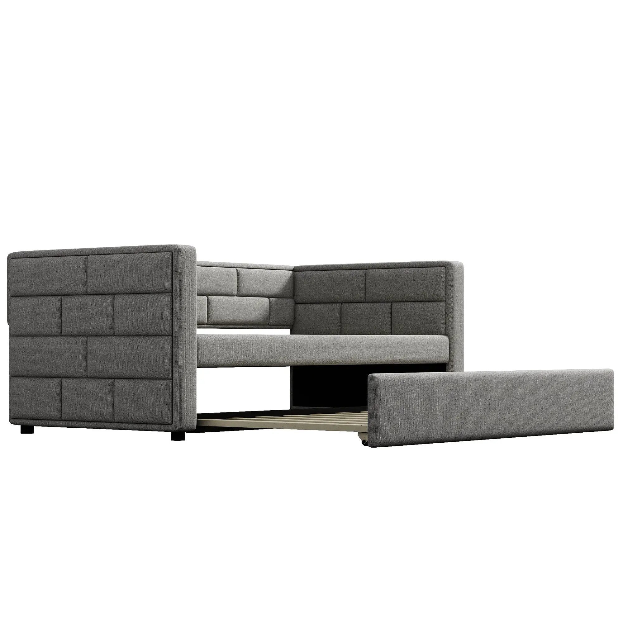 Upholstered Twin Size Daybed With Trundle, Padded Back And Sides - Gray