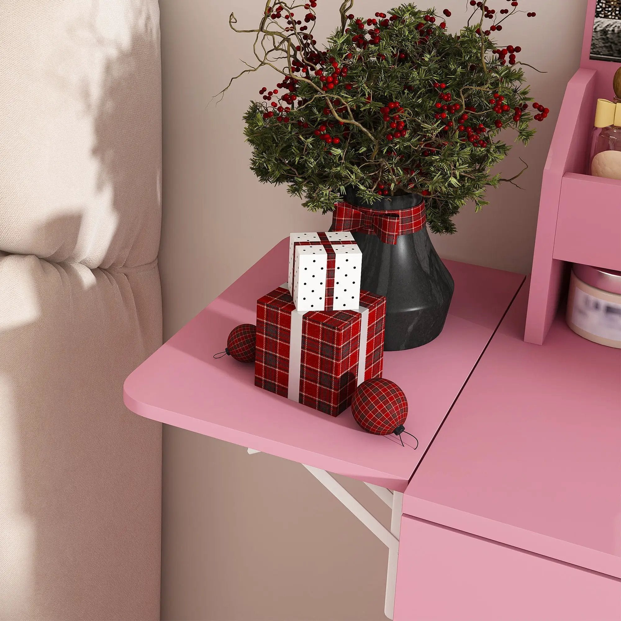Vanity Desk With LED Mirror Lights And Power Outlet Charging Station, 3 Drawers, 7 Shelves, Storage Stool - Pink by HouseOfZazla