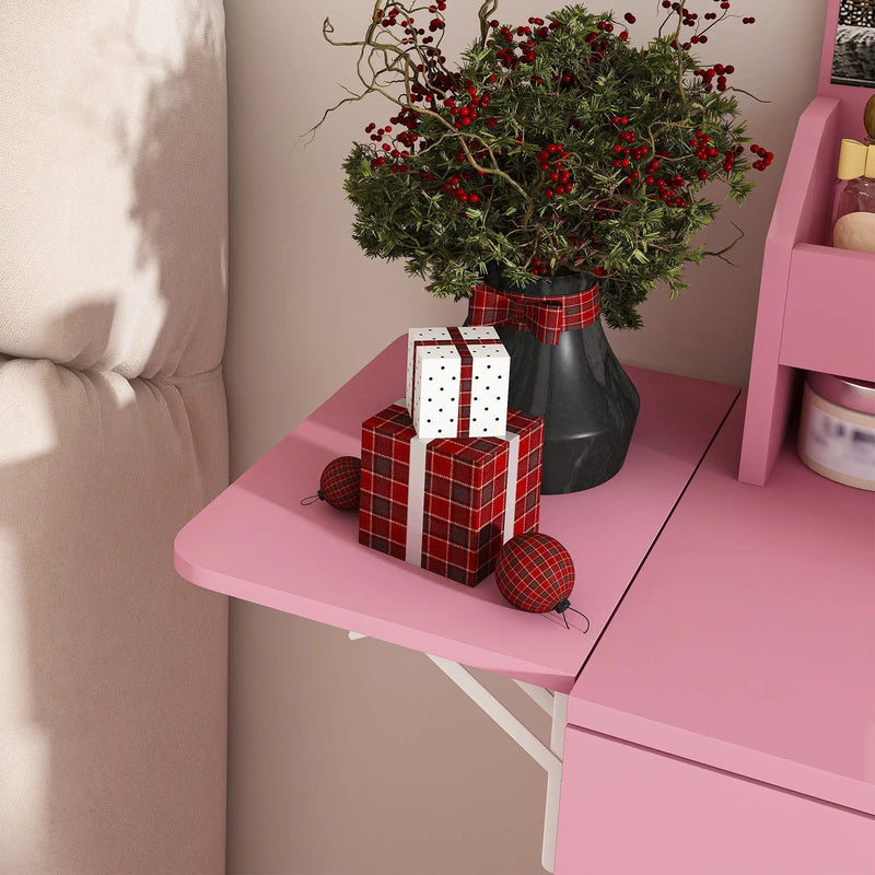 Vanity Desk With LED Mirror Lights And Power Outlet Charging Station, 3 Drawers, 7 Shelves, Storage Stool - Pink by HouseOfZazla