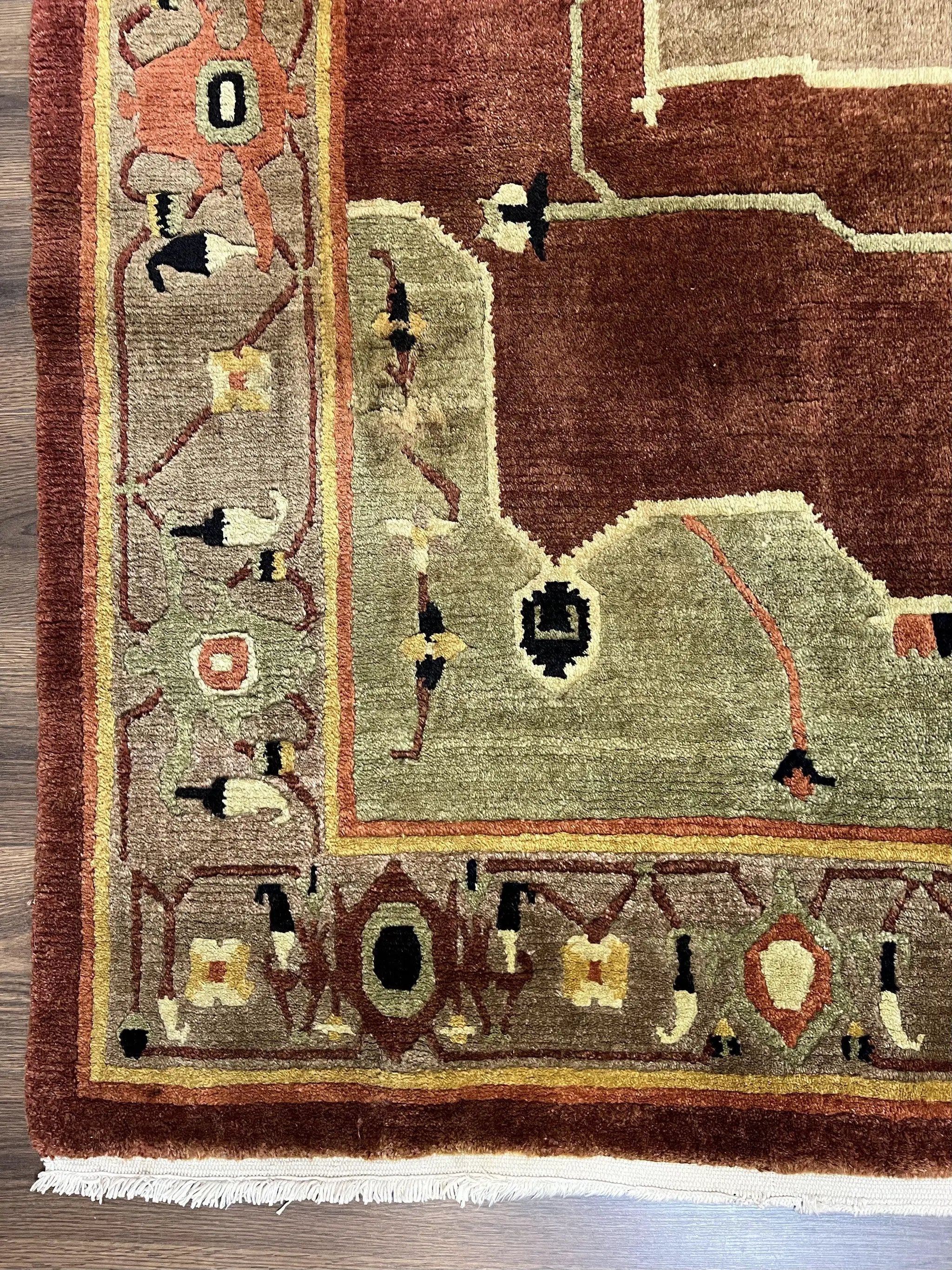 Tibetan Rug 7x10, Geometric Medallion, Red Green Taupe, Hand Knotted, Soft Wool Area Rug, Contemporary Carpet, Handmade Nepali Rug 7 x 10 ft by Jewel Rugs