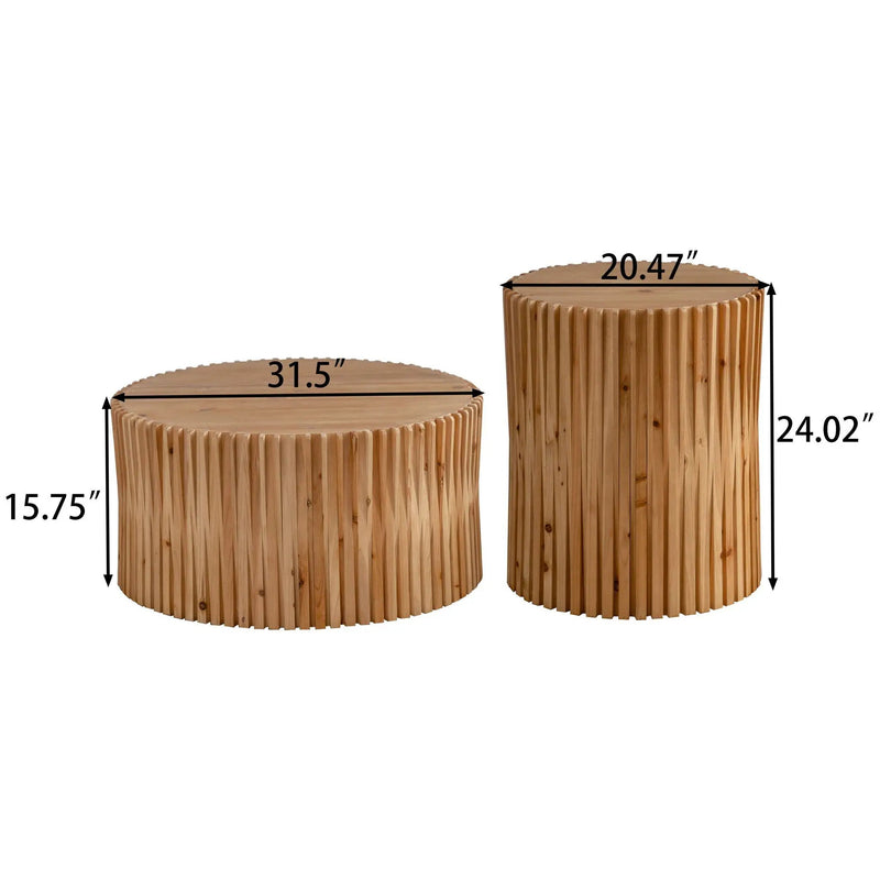 Cylindrical Coffee Table With Vertical Texture Relief For Living Room (Set of 2) - Natural by HouseOfZazla