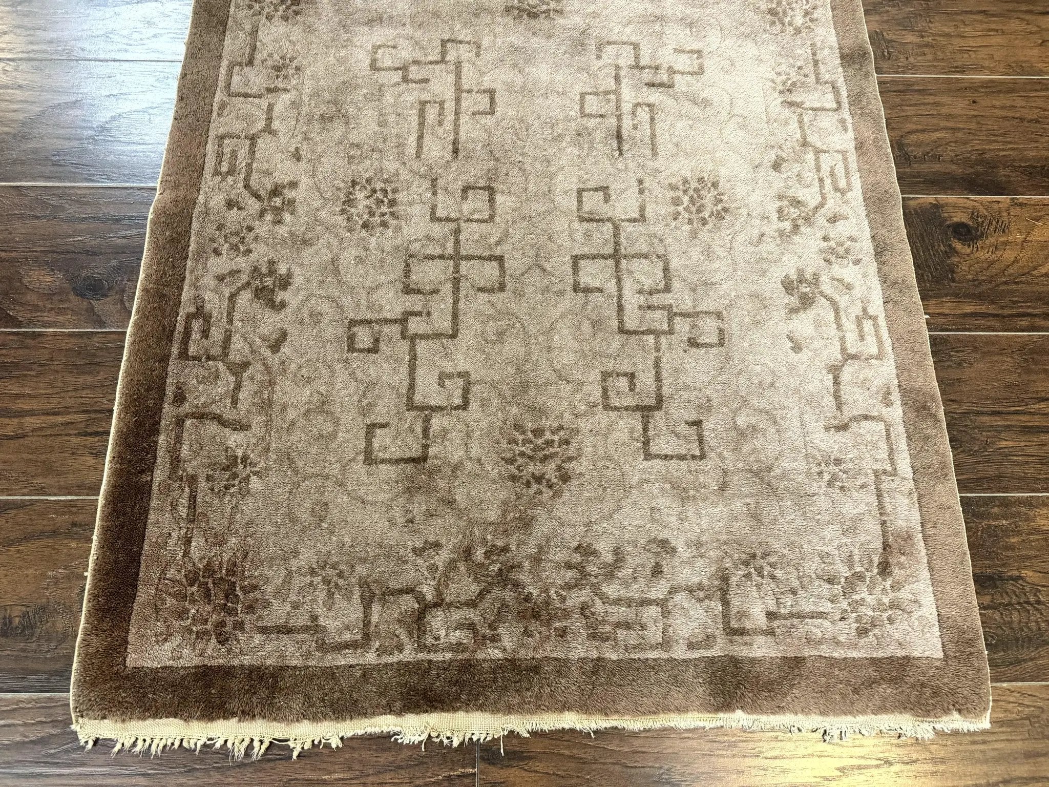 Antique Chinese Fette Rug 3x6, Taupe, Handmade Wool Chinese Carpet by Jewel Rugs