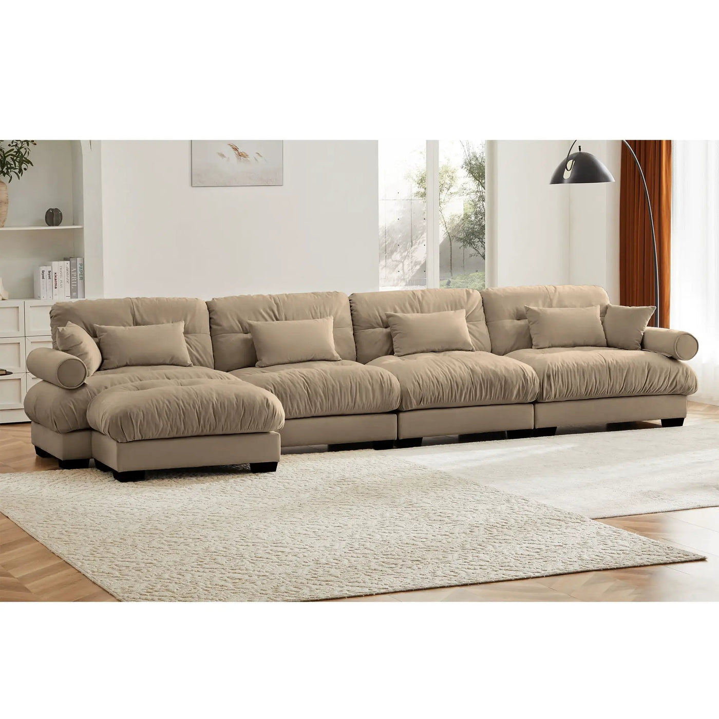 Modern Sectional Sofa With Ottoman, Round Bolster Armrests, Waist And Throw Pillows by Unique Piece Furniture