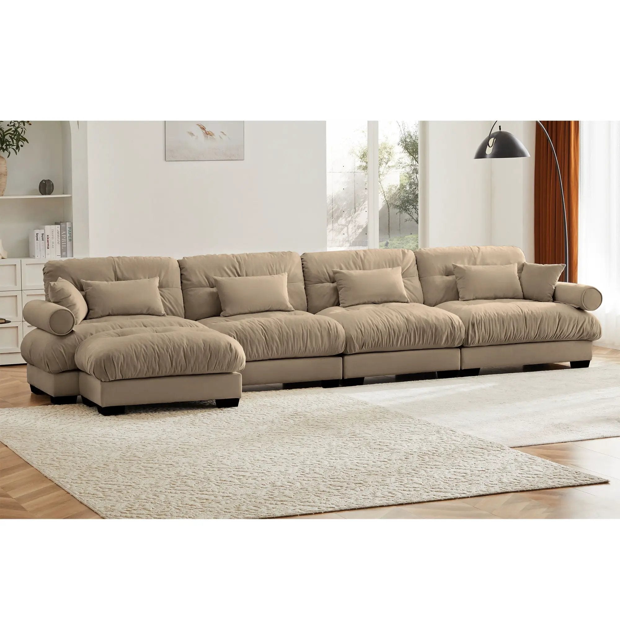 Modern Sectional Sofa With Ottoman, Round Bolster Armrests, Waist And Throw Pillows by Unique Piece Furniture
