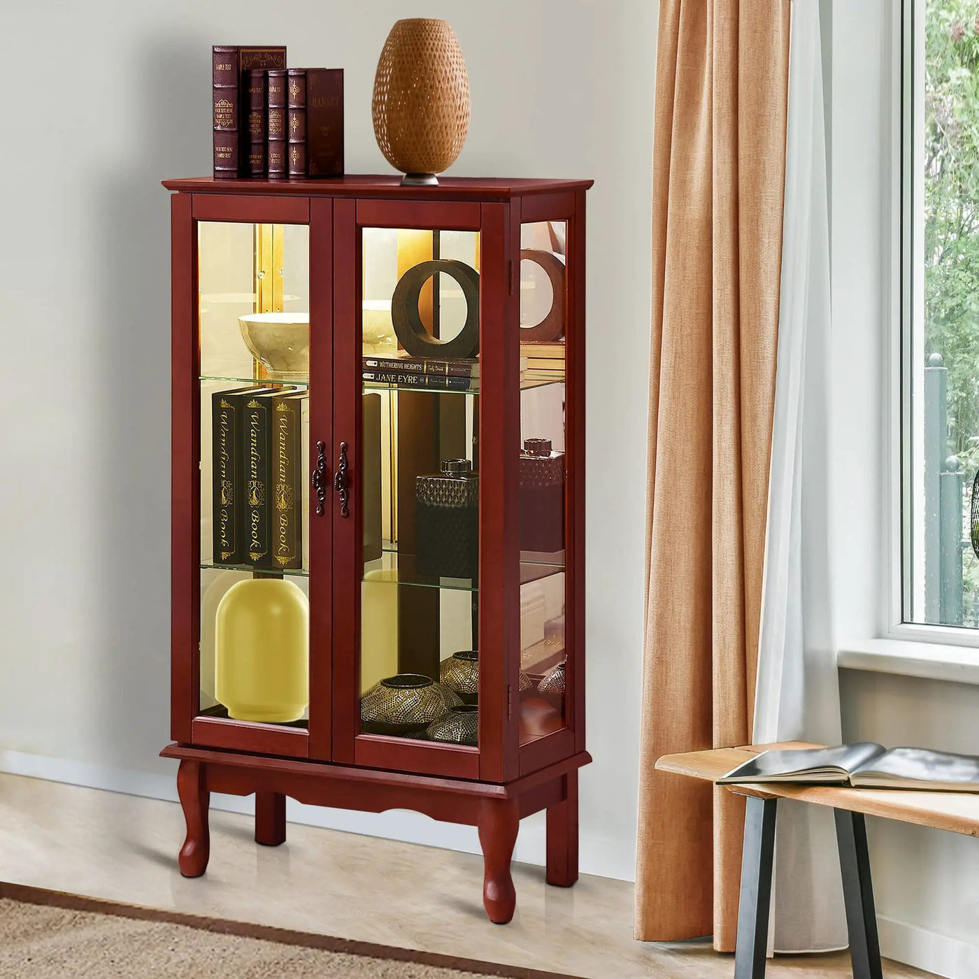 Curio Cabinet Lighted Curio Diapaly Cabinet With Adjustable Shelves And Mirrored Back Panel, Tempered Glass Doors (3 Tier), (E26 Light Bulb Not Included) by Unique Piece Furniture