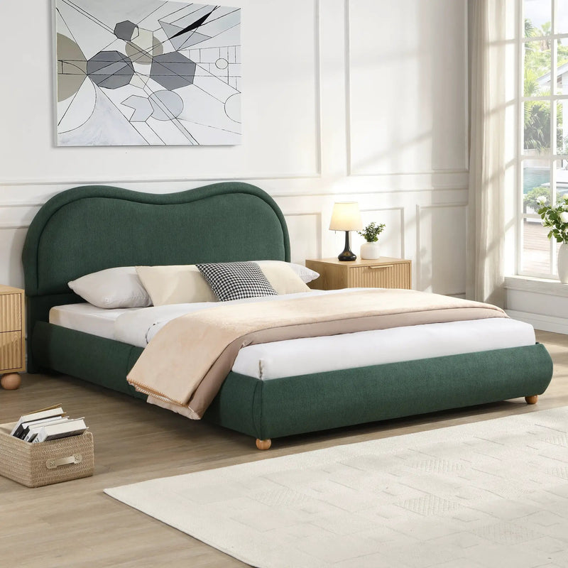Queen Size Upholstered Platform Bed Frame with Rounded Corners Curved Headboard by HouseOfZazla