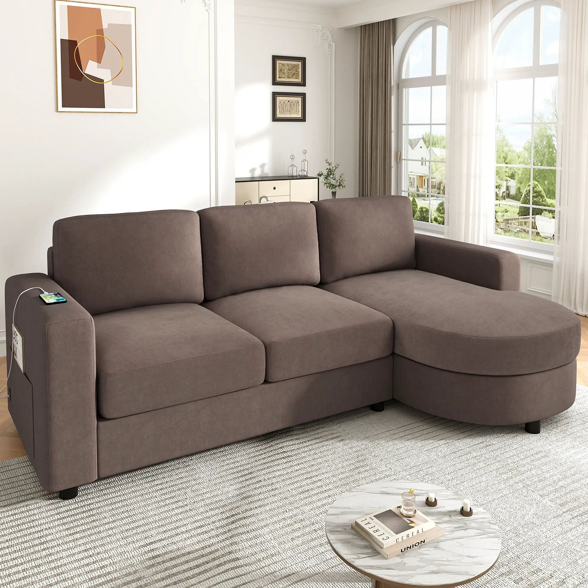 Modern L-Shaped Sectional Sofa With Curved Chaise, USB Ports, And Side Storage Pockets by Unique Piece Furniture