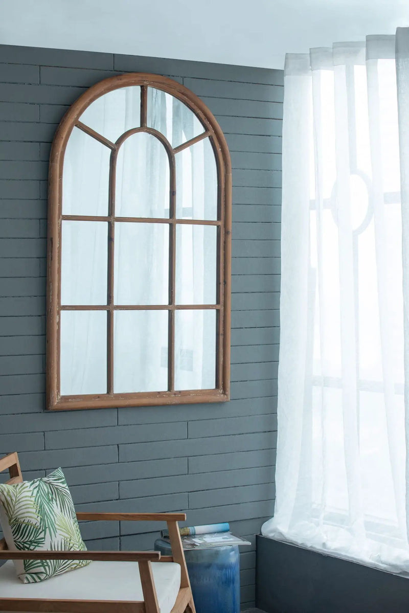Large Arched Accent Mirror With Frame With Decorative Window Look Classic Architecture Style Solid Fir Wood Interior Decor - Brown by Unique Piece Furniture