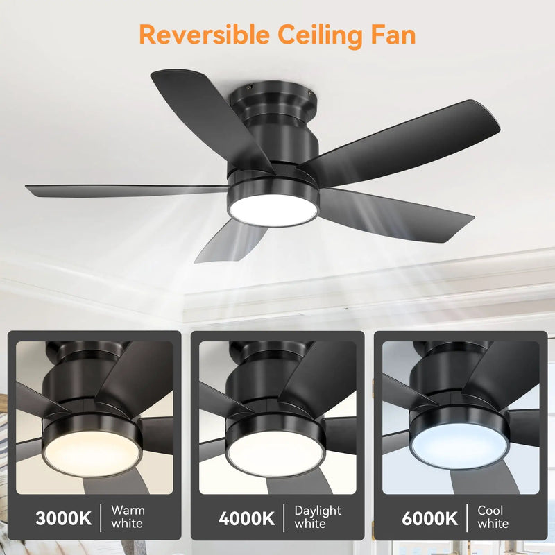 Flush Mount Ceiling Fan With LED Light 22W And Remote Control Blades For Indoor Use - Black by Unique Piece Furniture