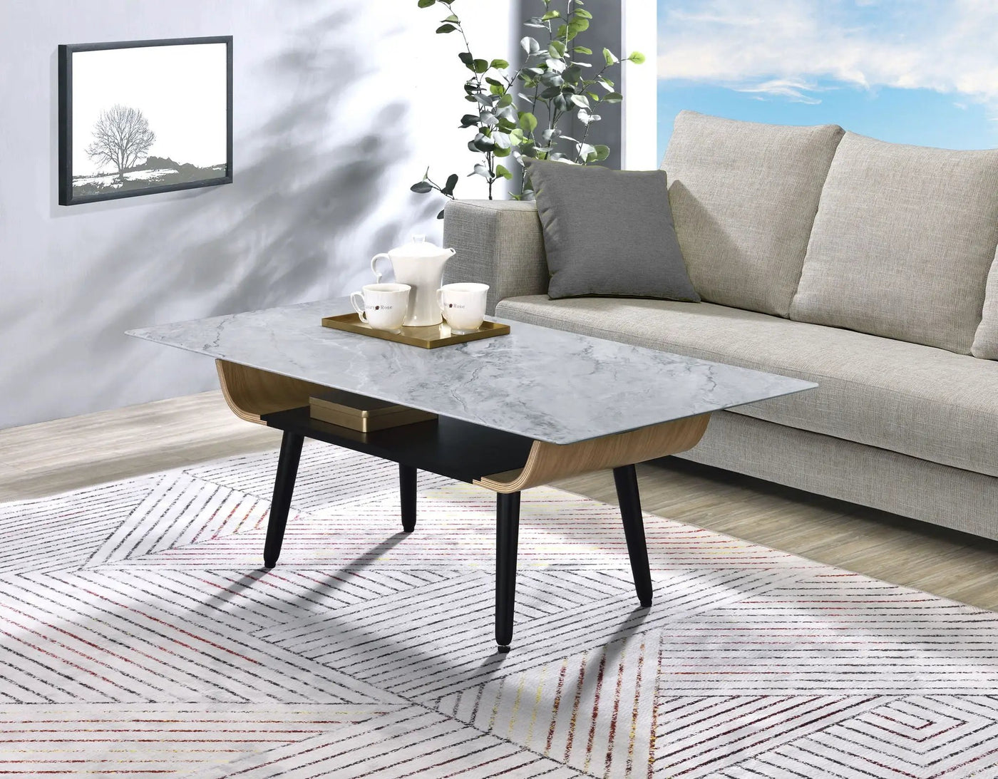 Landon - Coffee Table With Glass Marble Texture Top And Bent Wood Design by HouseOfZazla