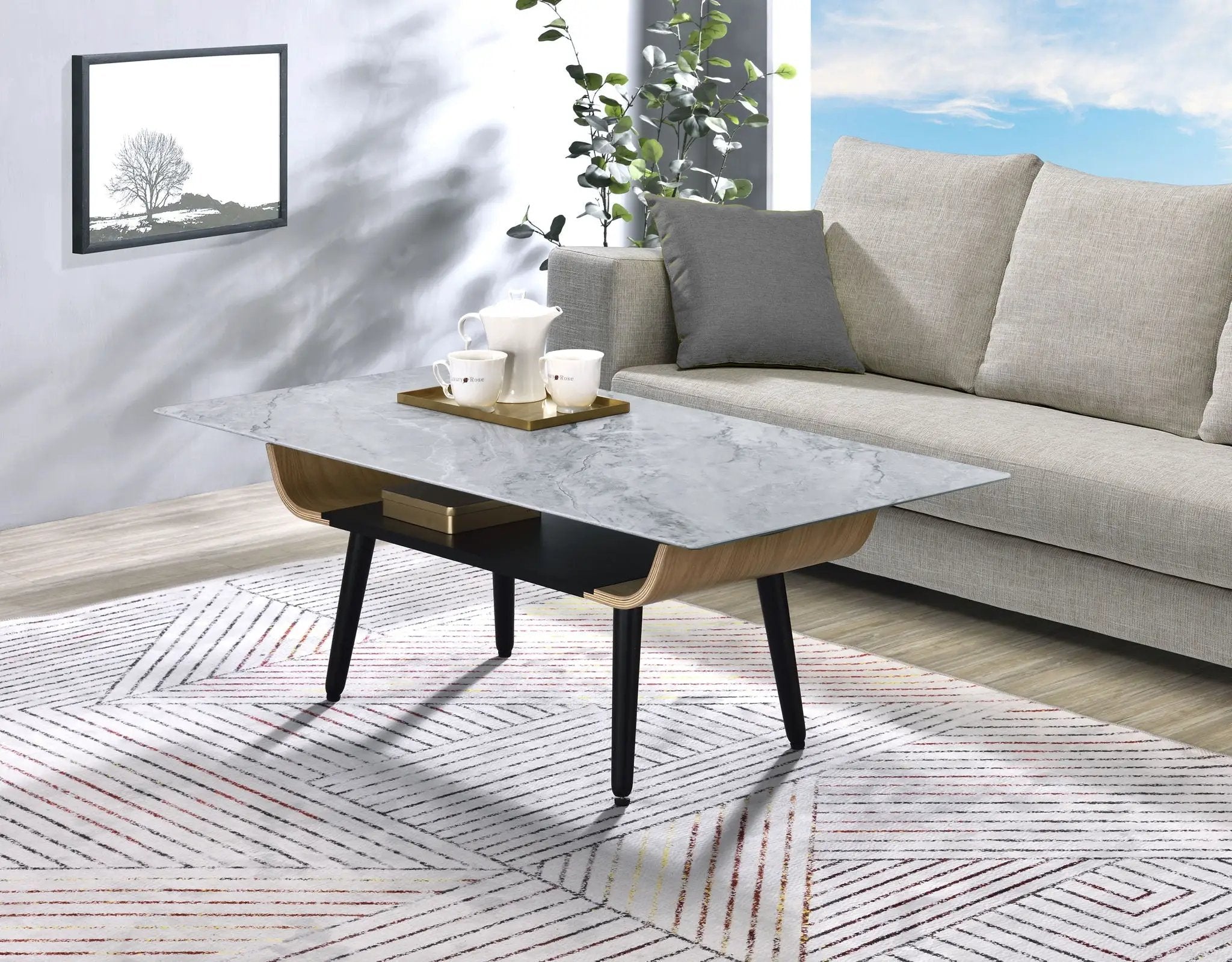 Landon - Coffee Table With Glass Marble Texture Top And Bent Wood Design by HouseOfZazla
