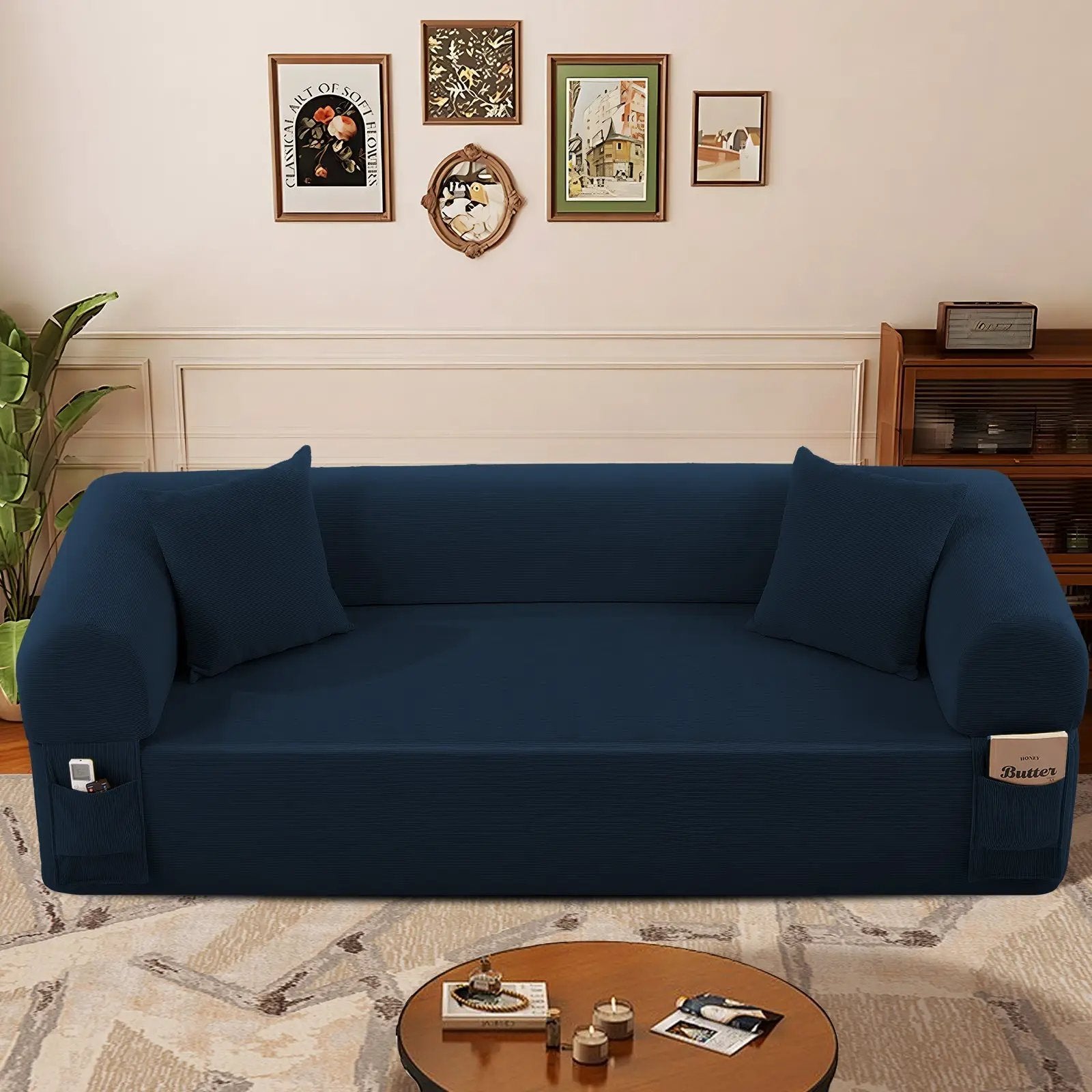 Spring Sofa with High-Quality Fabric, Pillows & Storage in Blue by HouseOfZazla