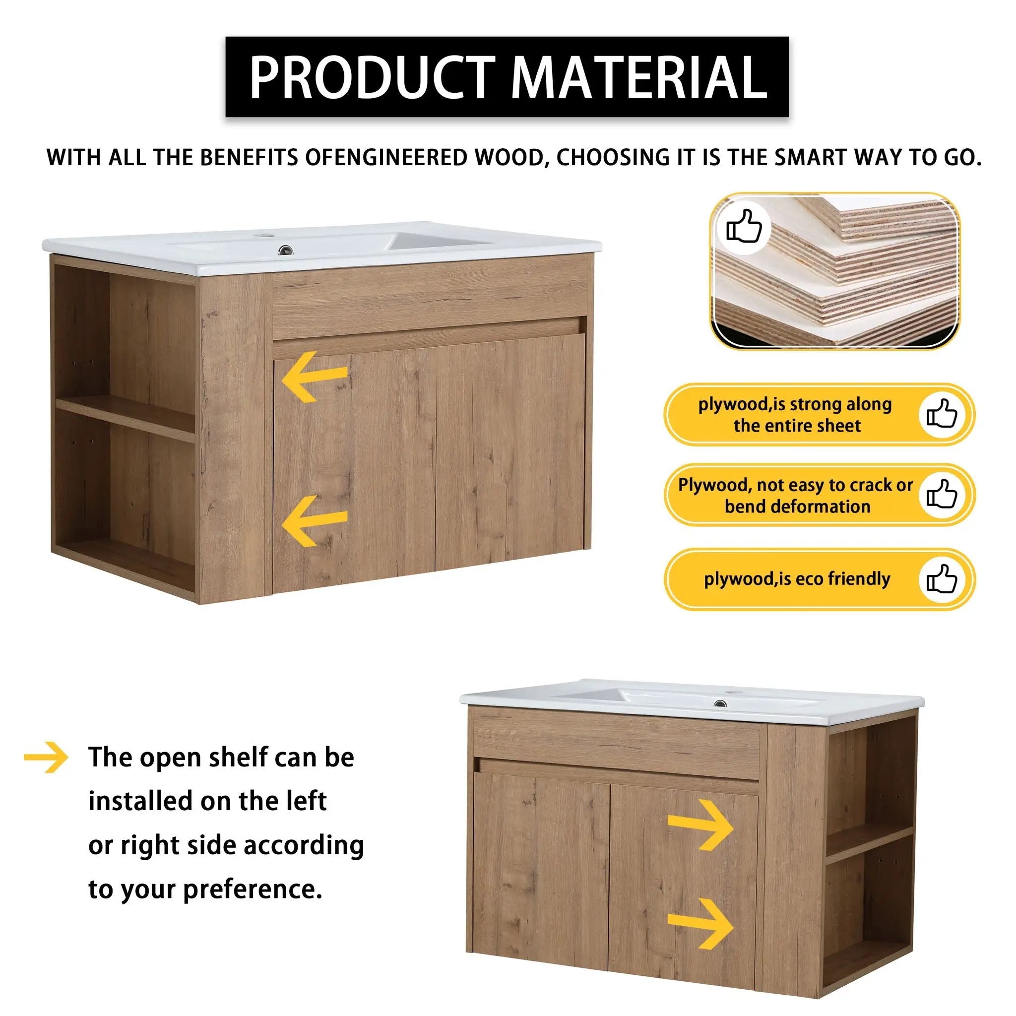Modern Wall Mounted Bathroom Vanity With Sink And Storage Rack Soft Close Doors Plywood - Imitative Oak by HouseOfZazla