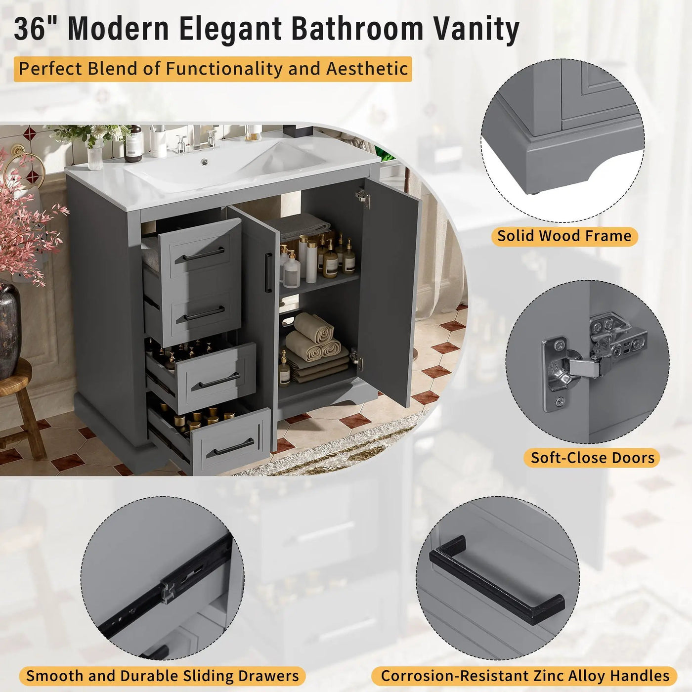 Bathroom Vanity With Sink, Soft Close Doors, Adjustable Shelf & 3 Drawers by Unique Piece Furniture