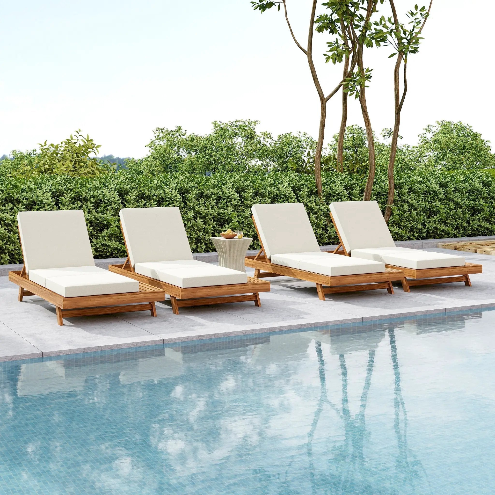 Lounge Chaise Set with Acacia Solid Wood and Cream Cushion by HouseOfZazla
