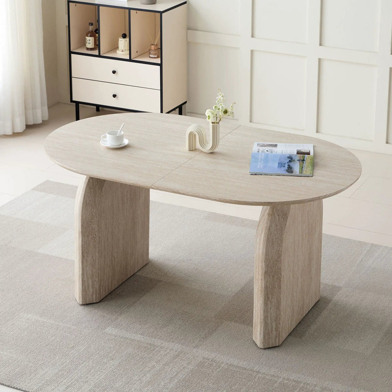 Oval Extendable Dining Table With Dual Pillar Design - Off White by HouseOfZazla