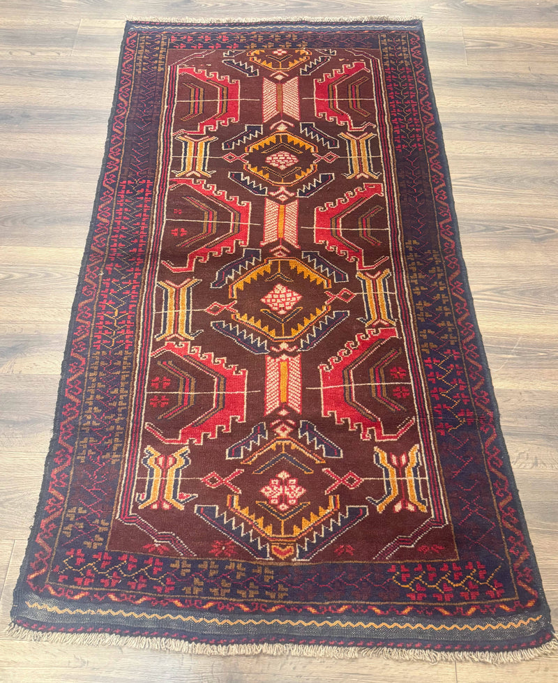 Afghan Rug 3x7, Maroon and Navy Blue, Balouch Carpet, Tribal Rug, New by Jewel Rugs