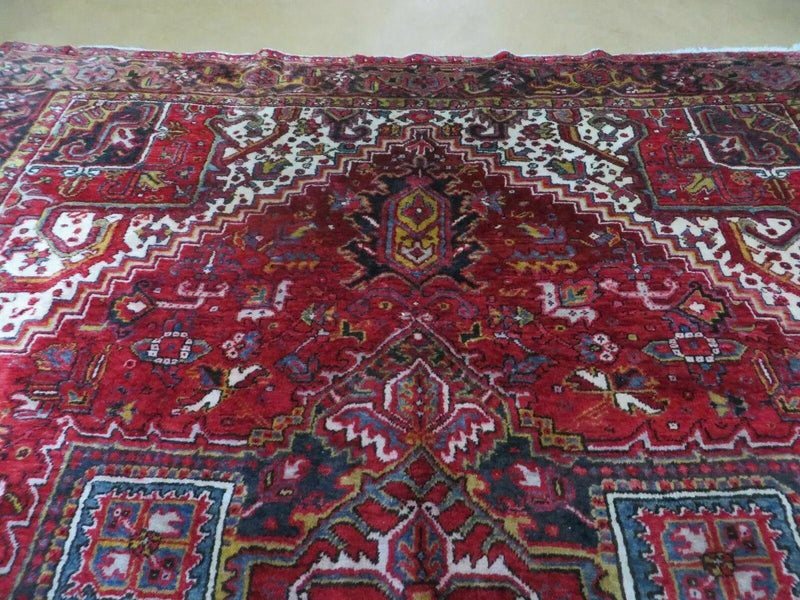 Heriz Rug 9x11, Geometric Persian Carpet Room Sized, Tribal Medallion Rug, Red Ivory Dark Blue Handmade Wool Rug for Living Room Dining Room by Jewel Rugs