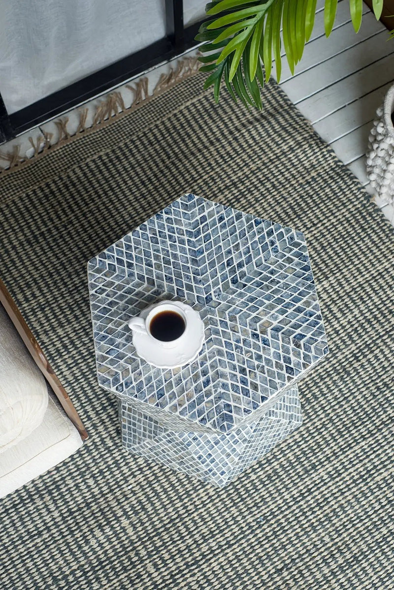 19x19x20" Tapered Blue Garden Capiz Stool, Accent Side Table by HouseOfZazla