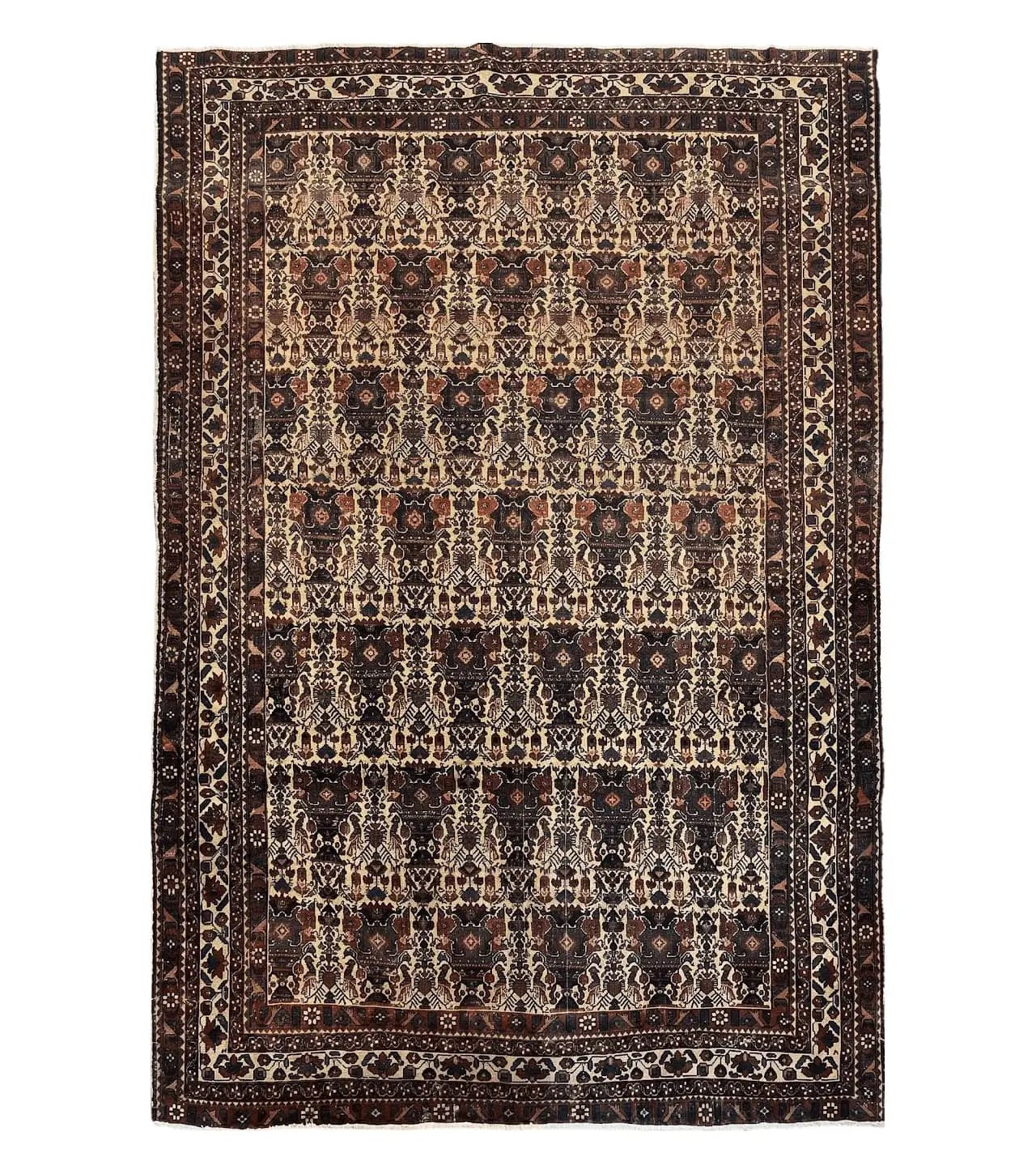 Antique Persian Afshar Rug 5x7, Wool Hand Knotted Oriental Carpet 5 x 7 ft, Repeated Motif Allover, Cream and Maroon, Tribal Rug, Medium Sized Rug, Zil-i-Sultan Design by Jewel Rugs