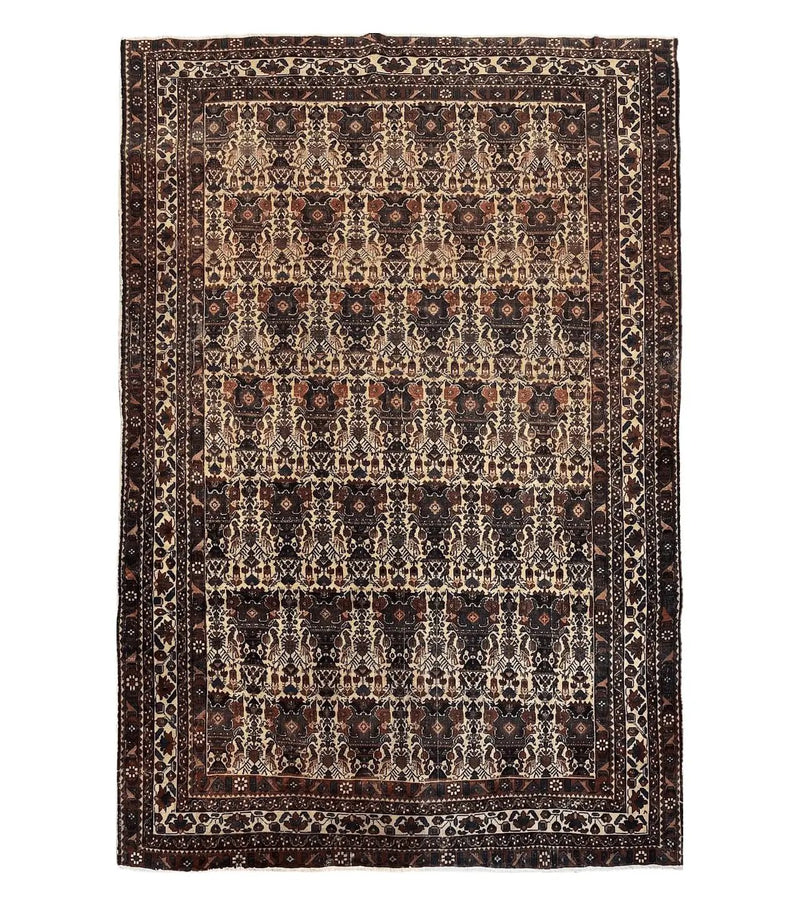 Antique Persian Afshar Rug 5x7, Wool Hand Knotted Oriental Carpet 5 x 7 ft, Repeated Motif Allover, Cream and Maroon, Tribal Rug, Medium Sized Rug, Zil-i-Sultan Design by Jewel Rugs