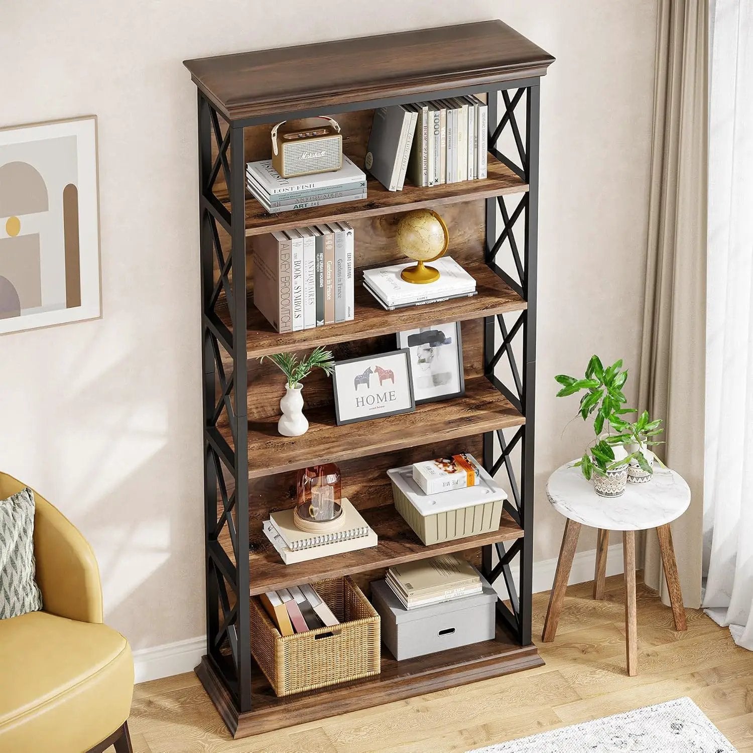 6 Tier Industrial Brown & Bookshelf With X Pattern Design - Rustic Brown by HouseOfZazla