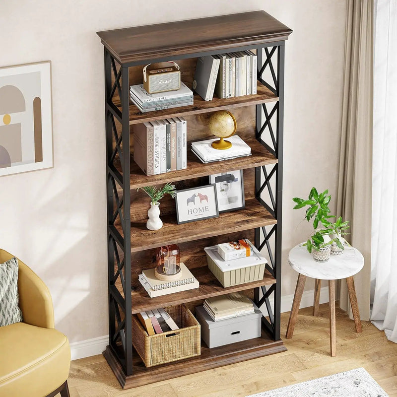 6 Tier Industrial Brown & Bookshelf With X Pattern Design - Rustic Brown by HouseOfZazla