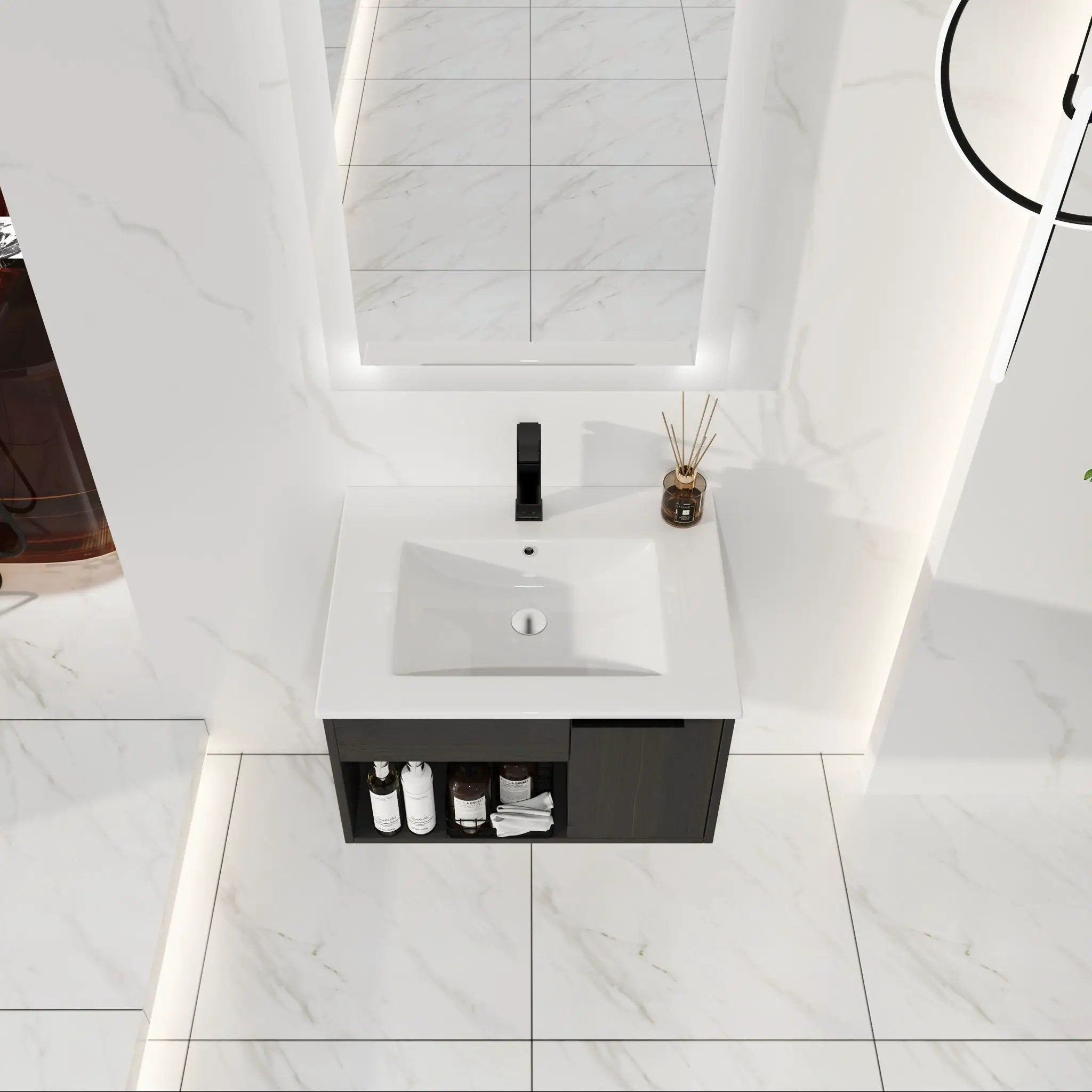 Wall Mounted Floating Bathroom Vanity With Open Shelf & Soft Close Door