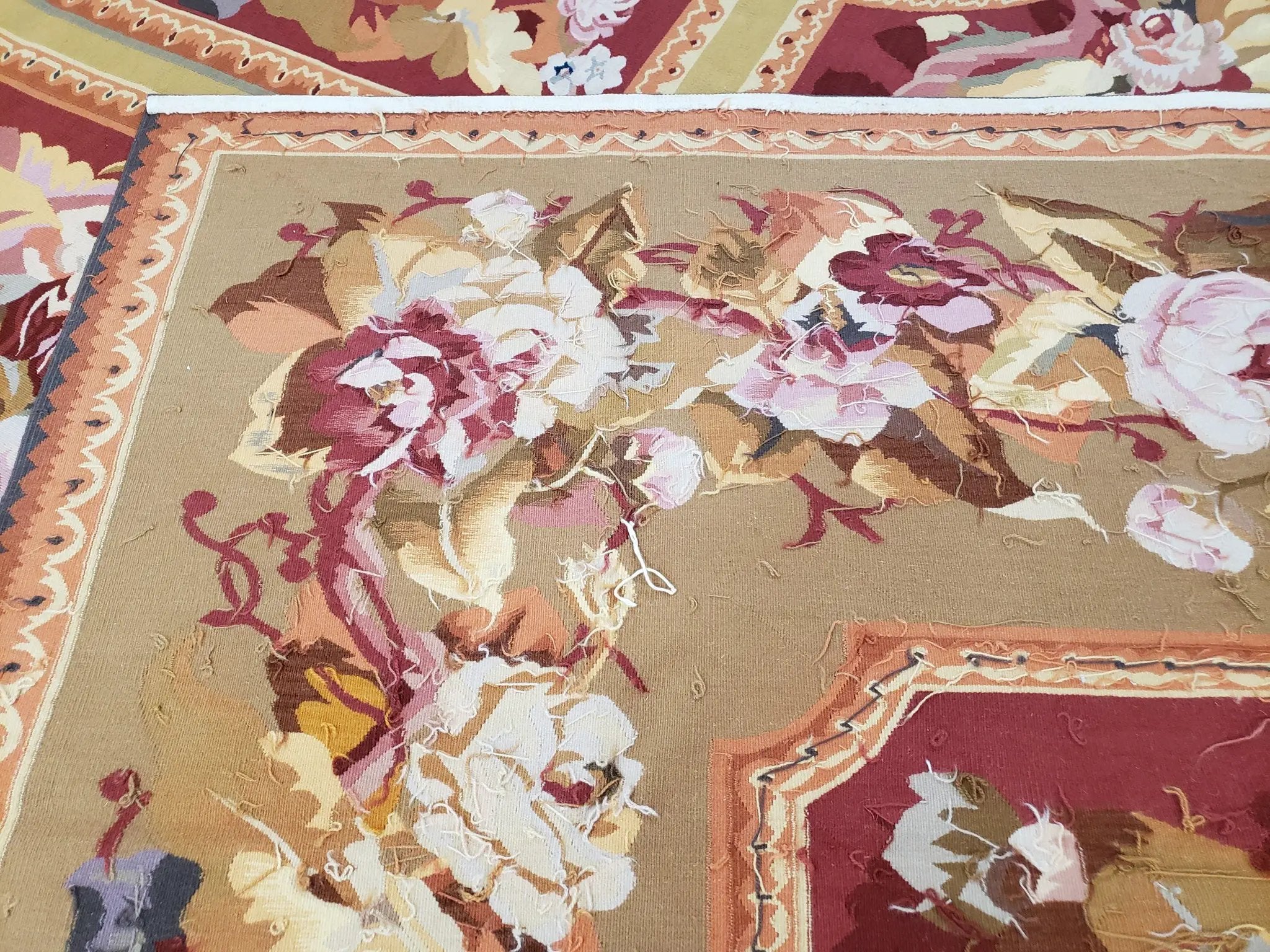 Vintage Chinese Aubusson Savonnerie Flat Pile Rug 9.9 x 14.5 Wool Handwoven Red & Khaki Large Flowers Rug 9x14 - 10x15 Michaelian Kolhberg by Jewel Rugs