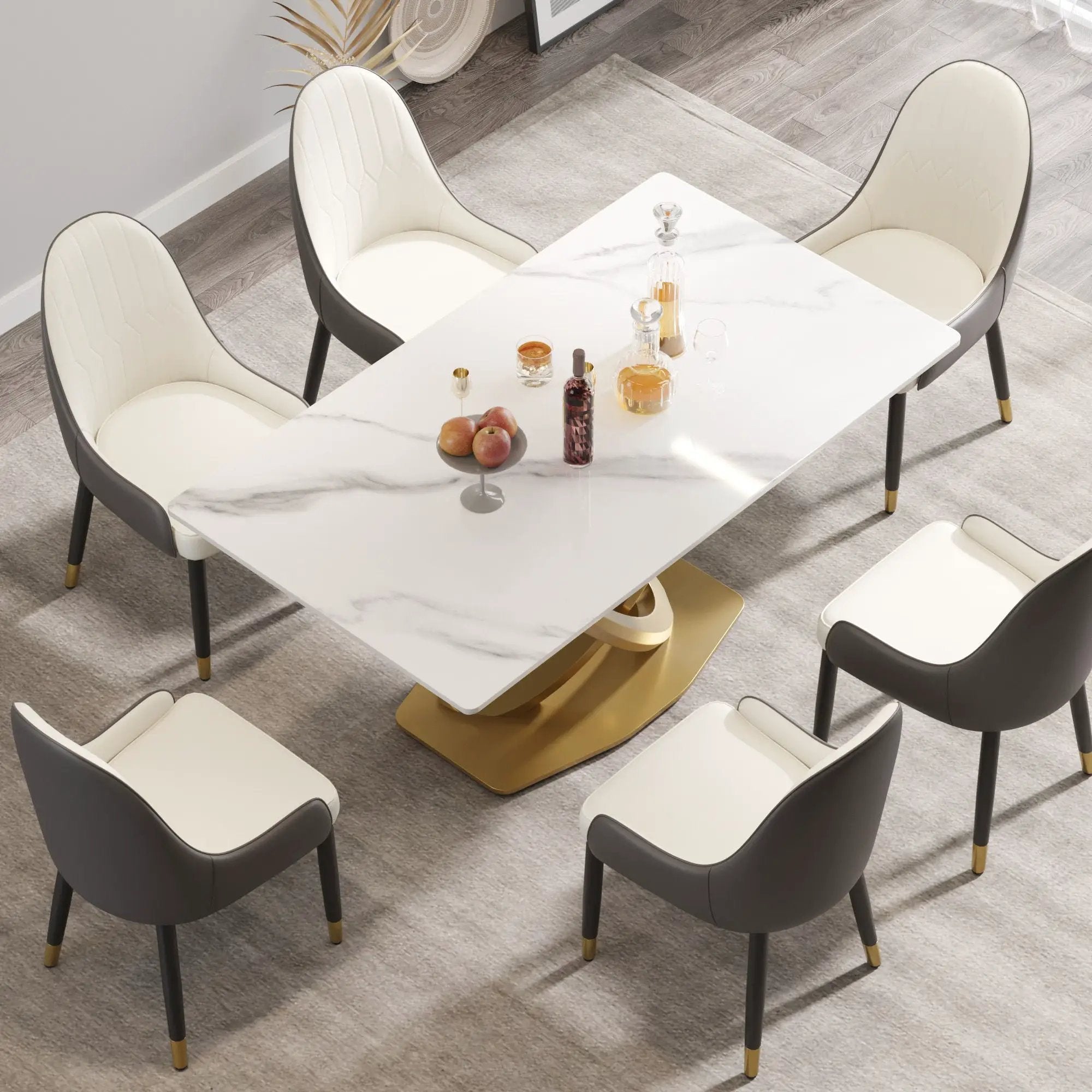 63" Modern Artificial Stone Panel Double-Ring Stainless Steel Metal Legs, Can Accommodate 6-8 People - White / Gold by HouseOfZazla