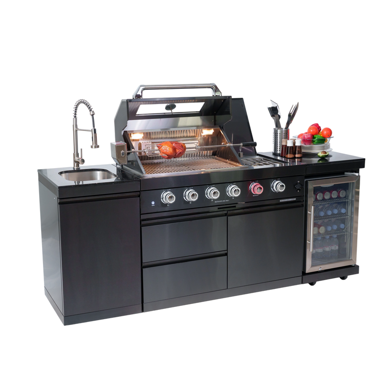 NG 85" 4-Burner 72,000 BTU Black Outdoor Kitchen Island Grill + Refrigerator + Sink by Chery Industrial