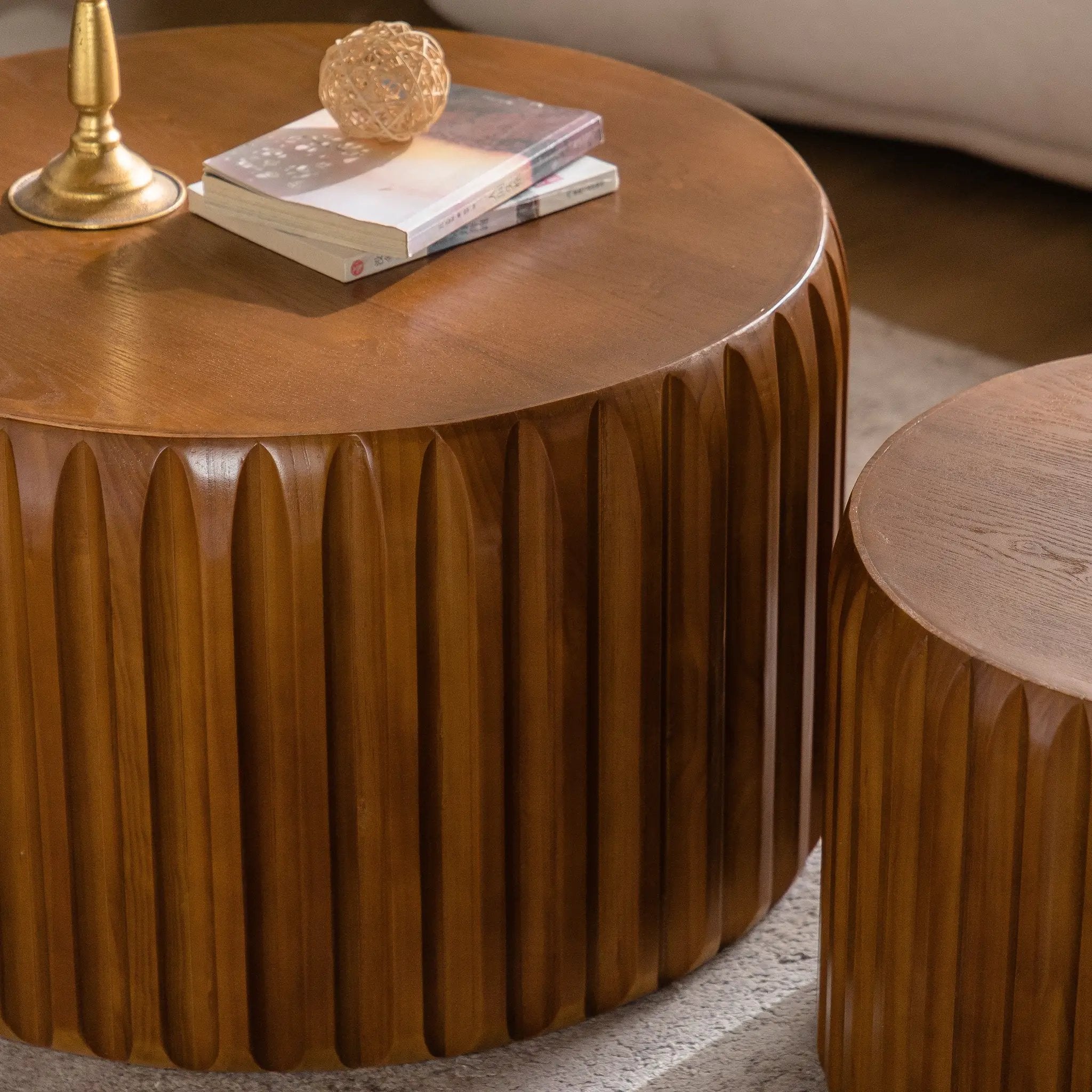 Set of 2 Fluted Round Coffee Tables - Mid-Century Modern Wood by HouseOfZazla