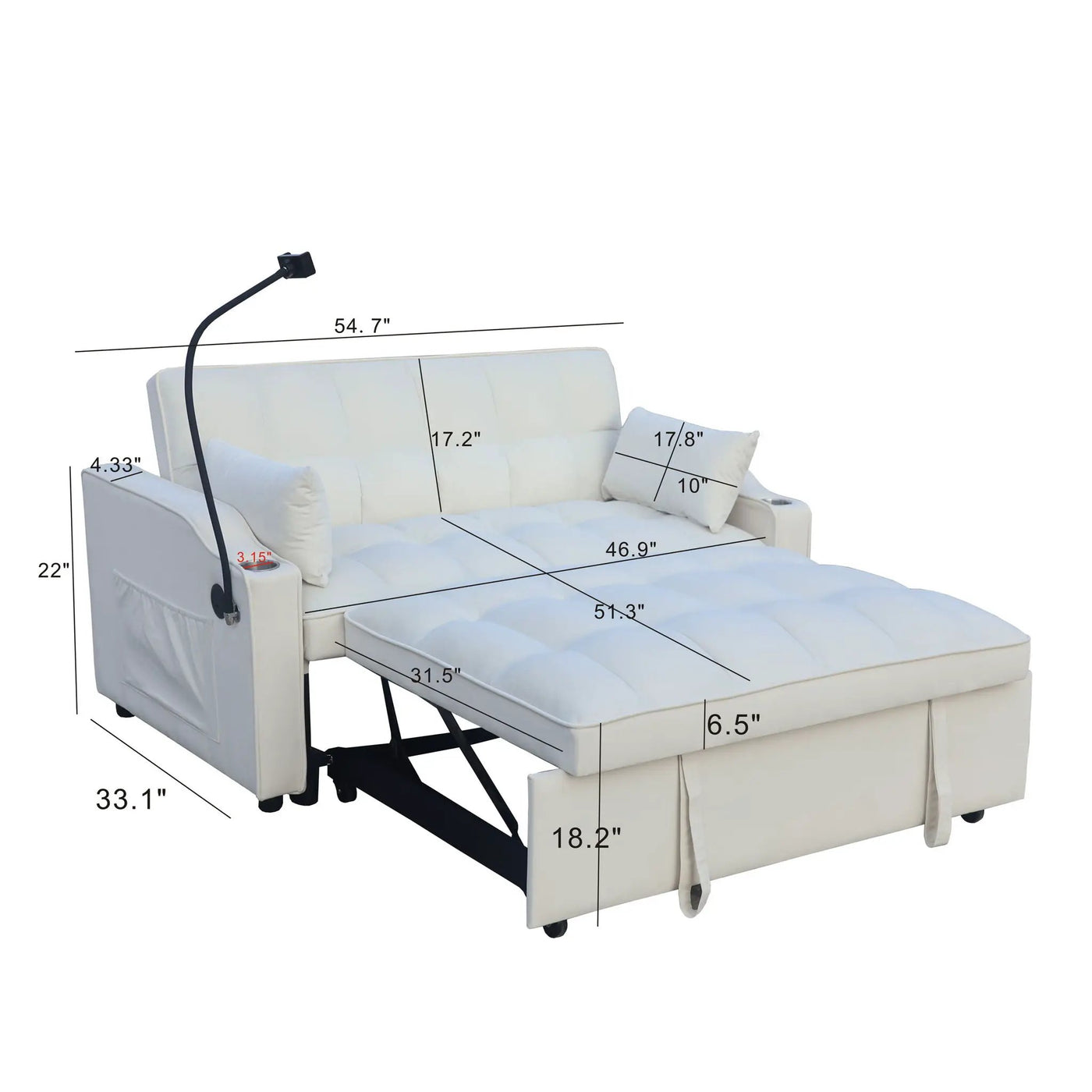 Modern Loveseat Futon Sofa With Pullout Bed, Adjustable Reclining Backrest, Toss Pillows by Unique Piece Furniture