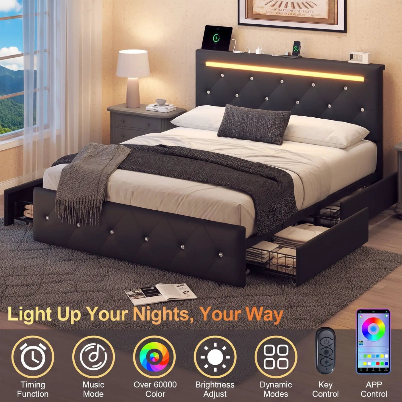 Upholstered Bed Frame With LED Lights, 4 Storage Drawers, Charging Station by HouseOfZazla