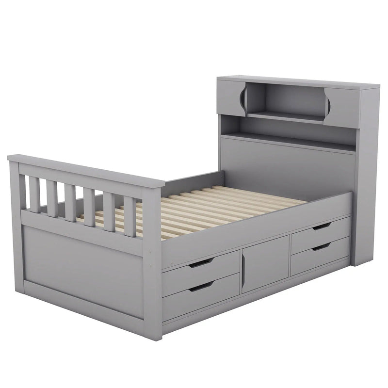 Captain Platform Bed Frame With Storage Bookcases, Shelves, And 4 Drawers