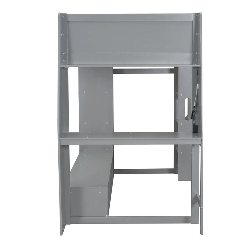 Gaming Loft Bed With Desk, Multi Storage Shelves, LED Lighting, And Hanging Clothes Rack by HouseOfZazla
