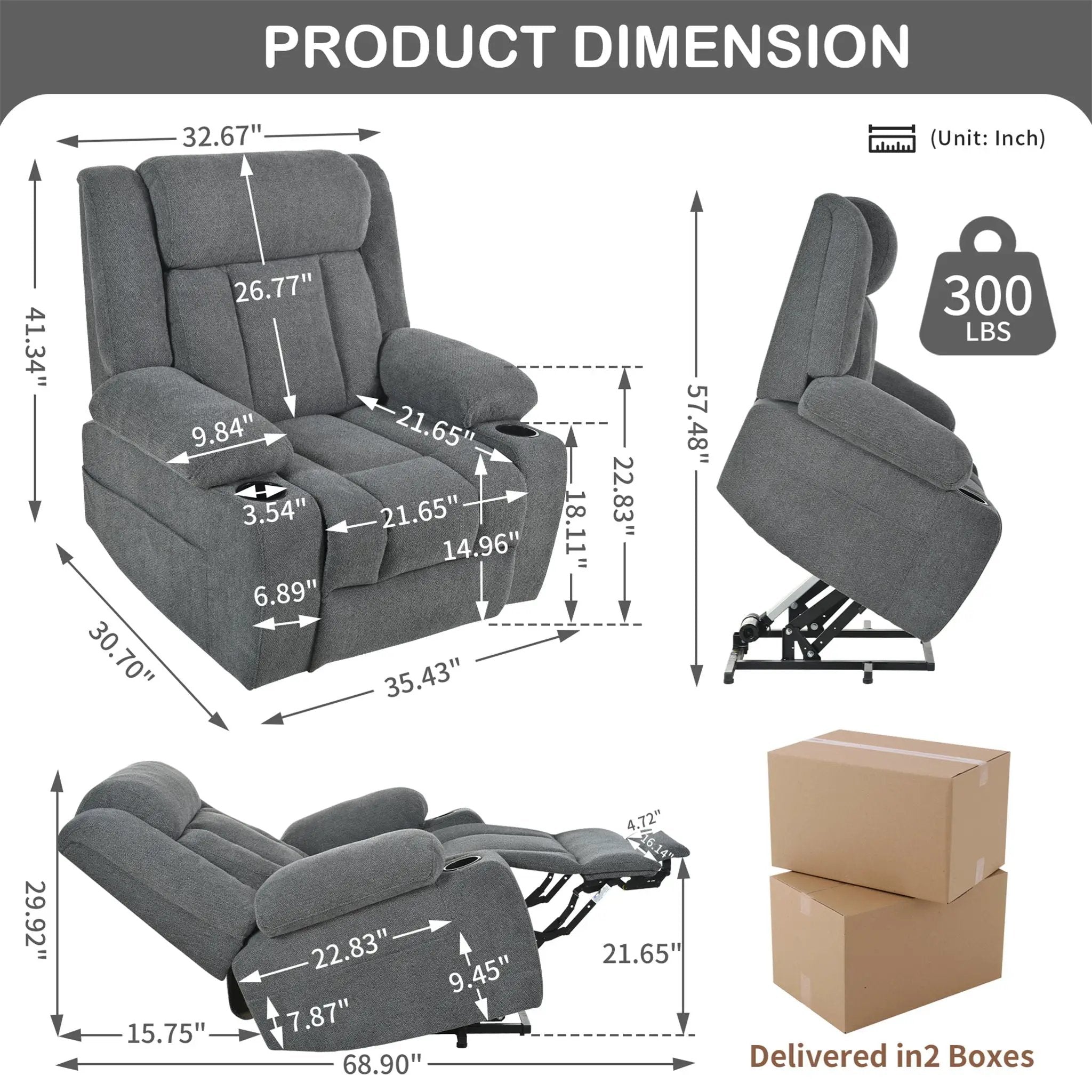 Power Lift Recliner Chair With Extended Footrest, Remote Control, Cup Holders, And Side Pockets by HouseOfZazla