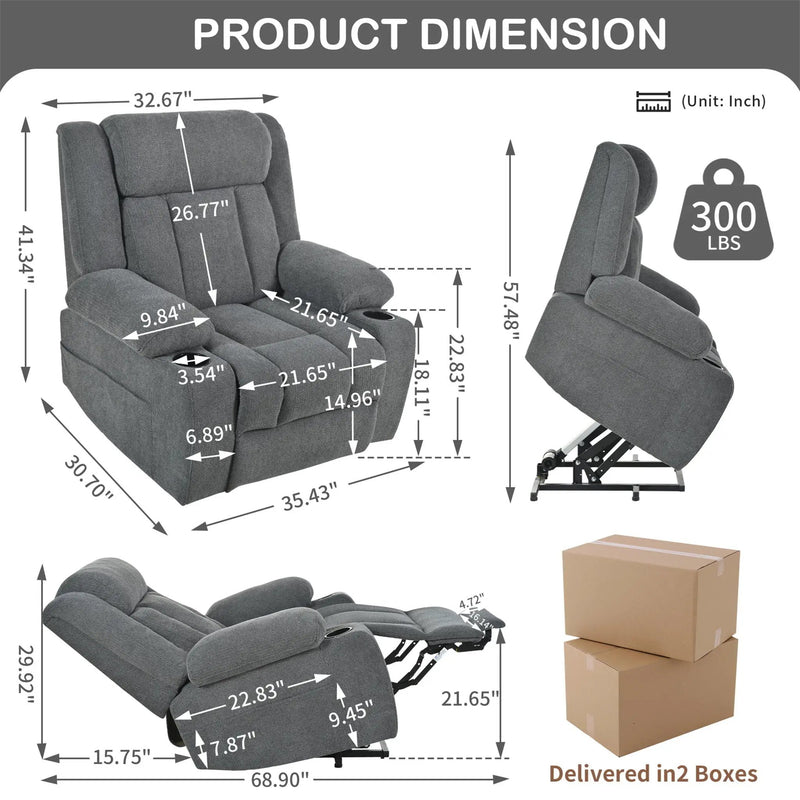 Power Lift Recliner Chair With Extended Footrest, Remote Control, Cup Holders, And Side Pockets by HouseOfZazla