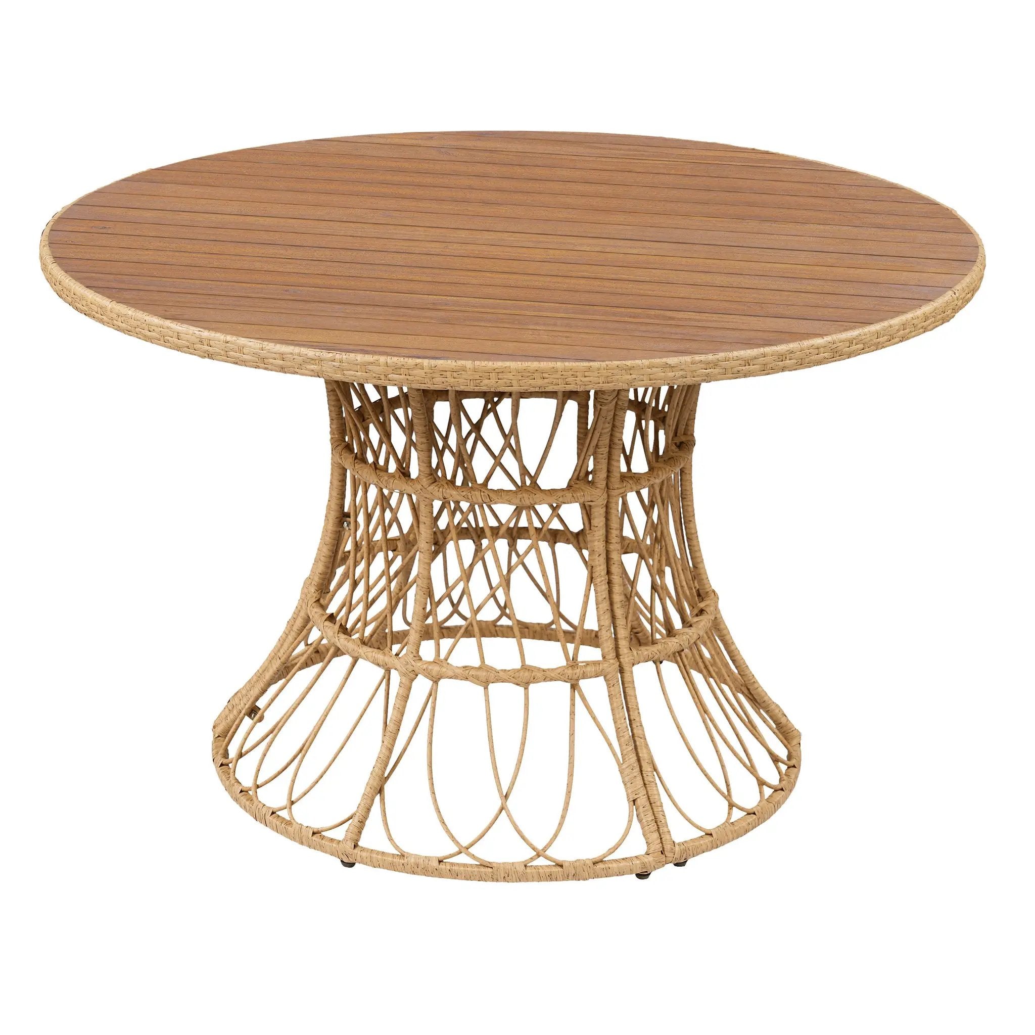 5-Piece Outdoor Dining Set: Teak Finish Round Acacia Wood Table & 4 Wicker Armchairs by HouseOfZazla
