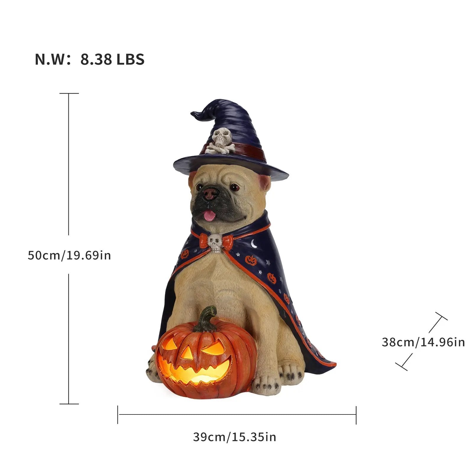 Halloween Bulldog Witch Statue, LED Light Up Jack-O-Lantern Pumpkin by HouseOfZazla