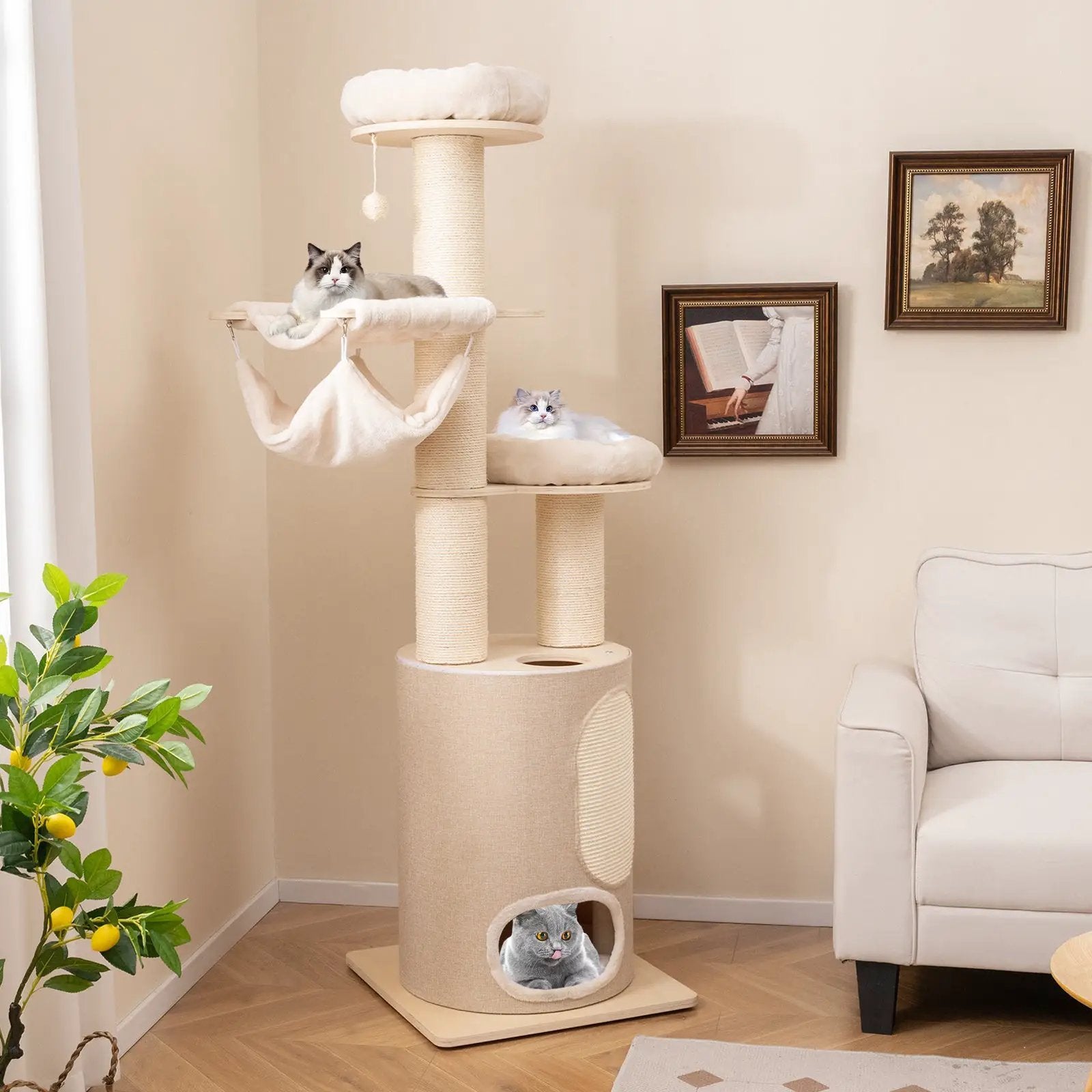 74 Inches Tall Wooden Cat Tower Tree with 2-Story Cat Condo and Washable Cushions-Natural by DirectDeals