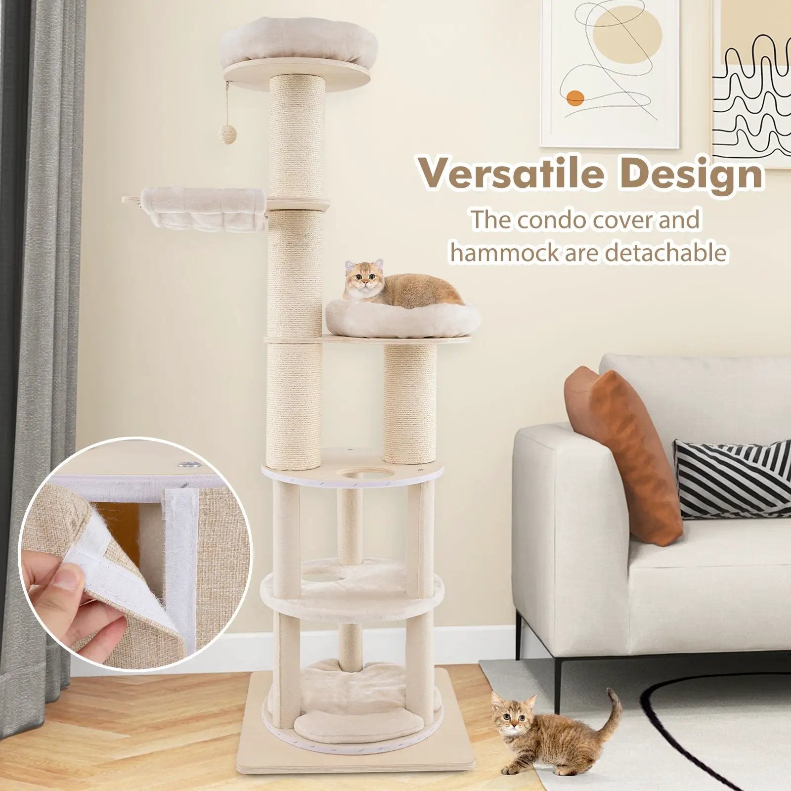 74 Inches Tall Wooden Cat Tower Tree with 2-Story Cat Condo and Washable Cushions-Natural by DirectDeals