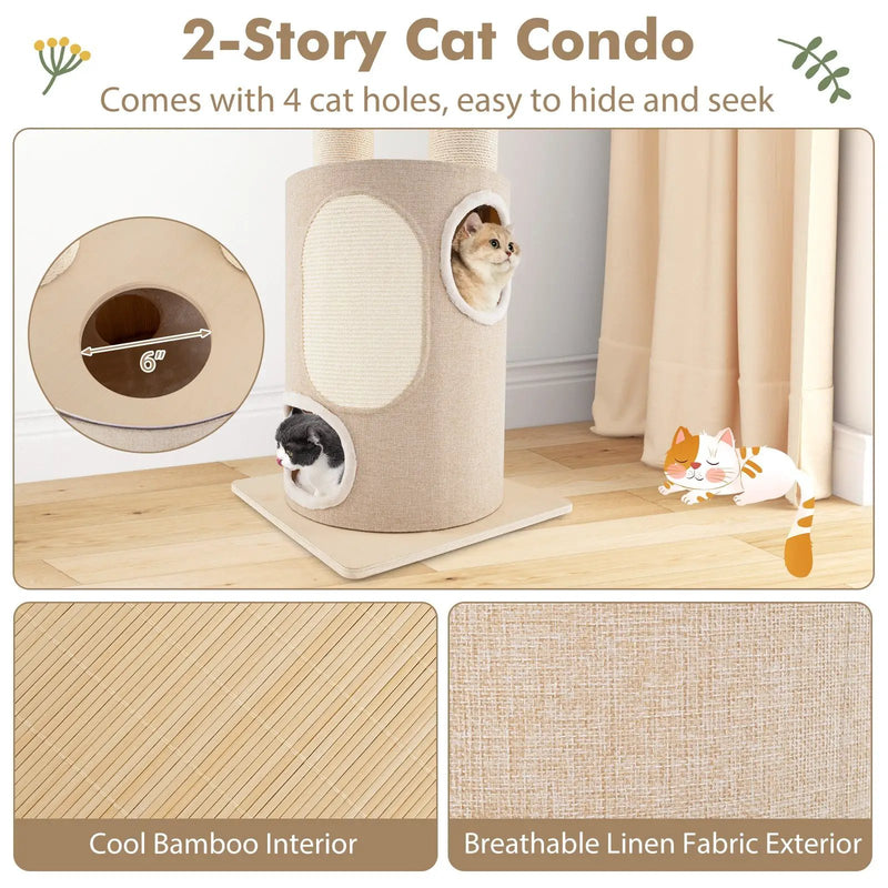 74 Inches Tall Wooden Cat Tower Tree with 2-Story Cat Condo and Washable Cushions-Natural by DirectDeals