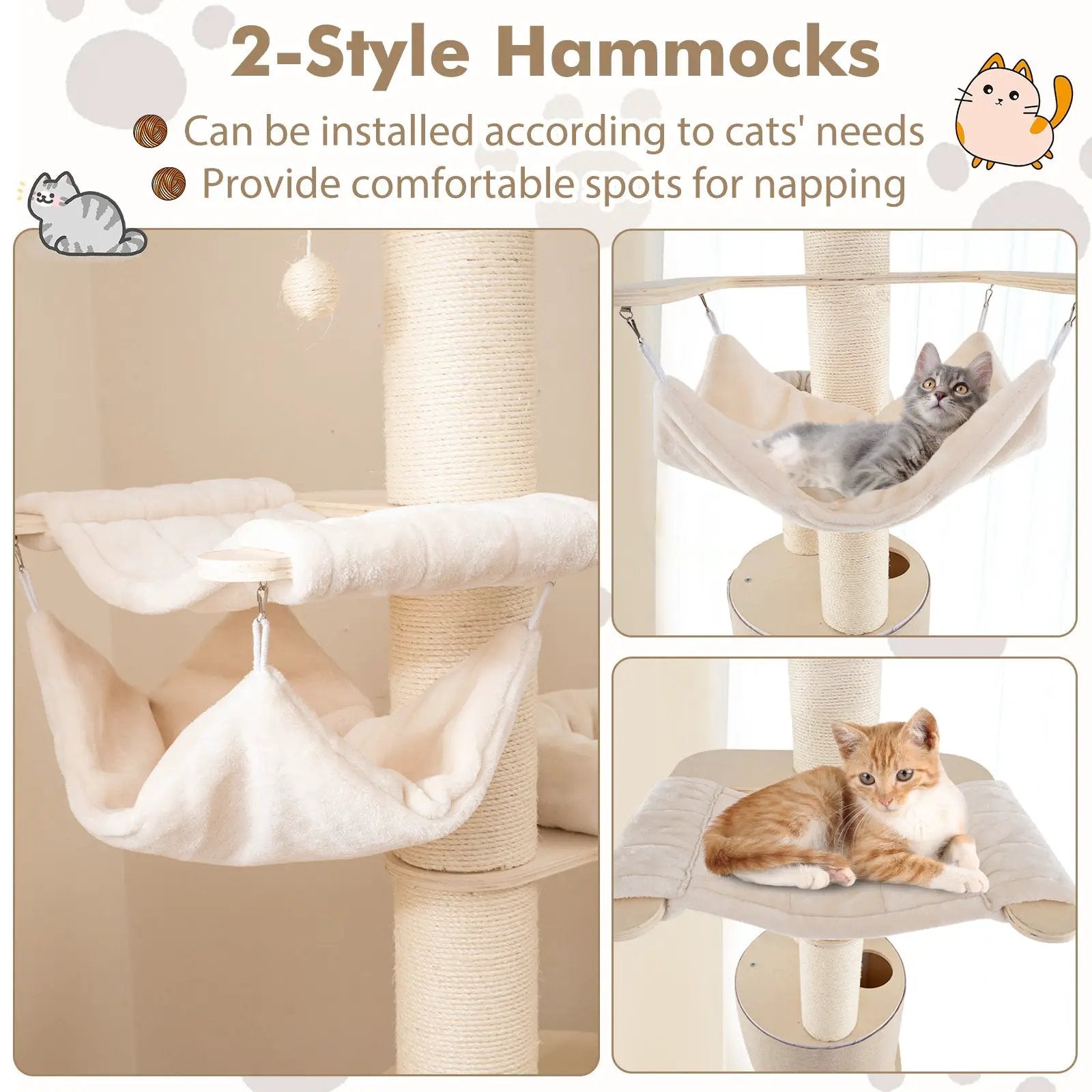 74 Inches Tall Wooden Cat Tower Tree with 2-Story Cat Condo and Washable Cushions-Natural by DirectDeals