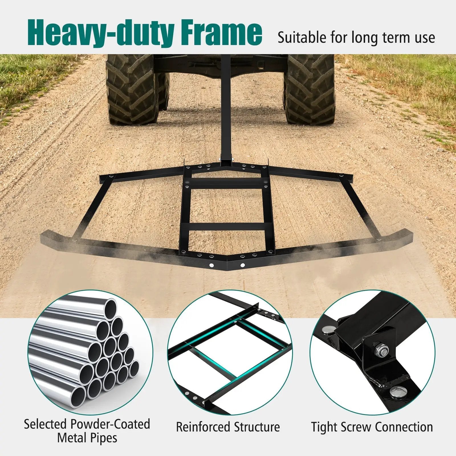 74 inch Wide Driveway Drag Tow Behind Landscape Leveling Rake with Reinforced Bars-Black by DirectDeals