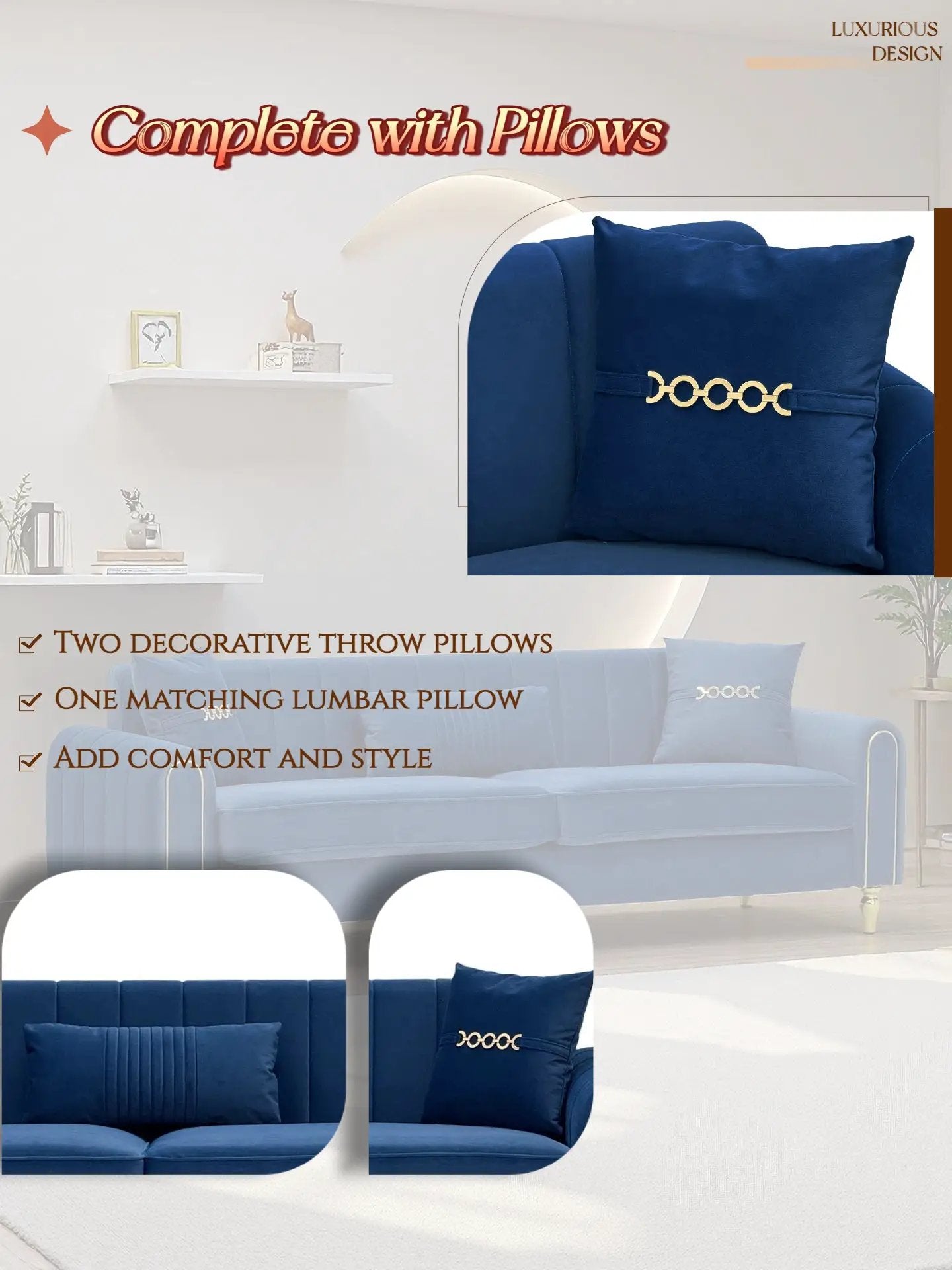 FX-P11-RB 87.4 Inches Upholstered 3-Seater Sofa with Throw Pillows by HouseOfZazla